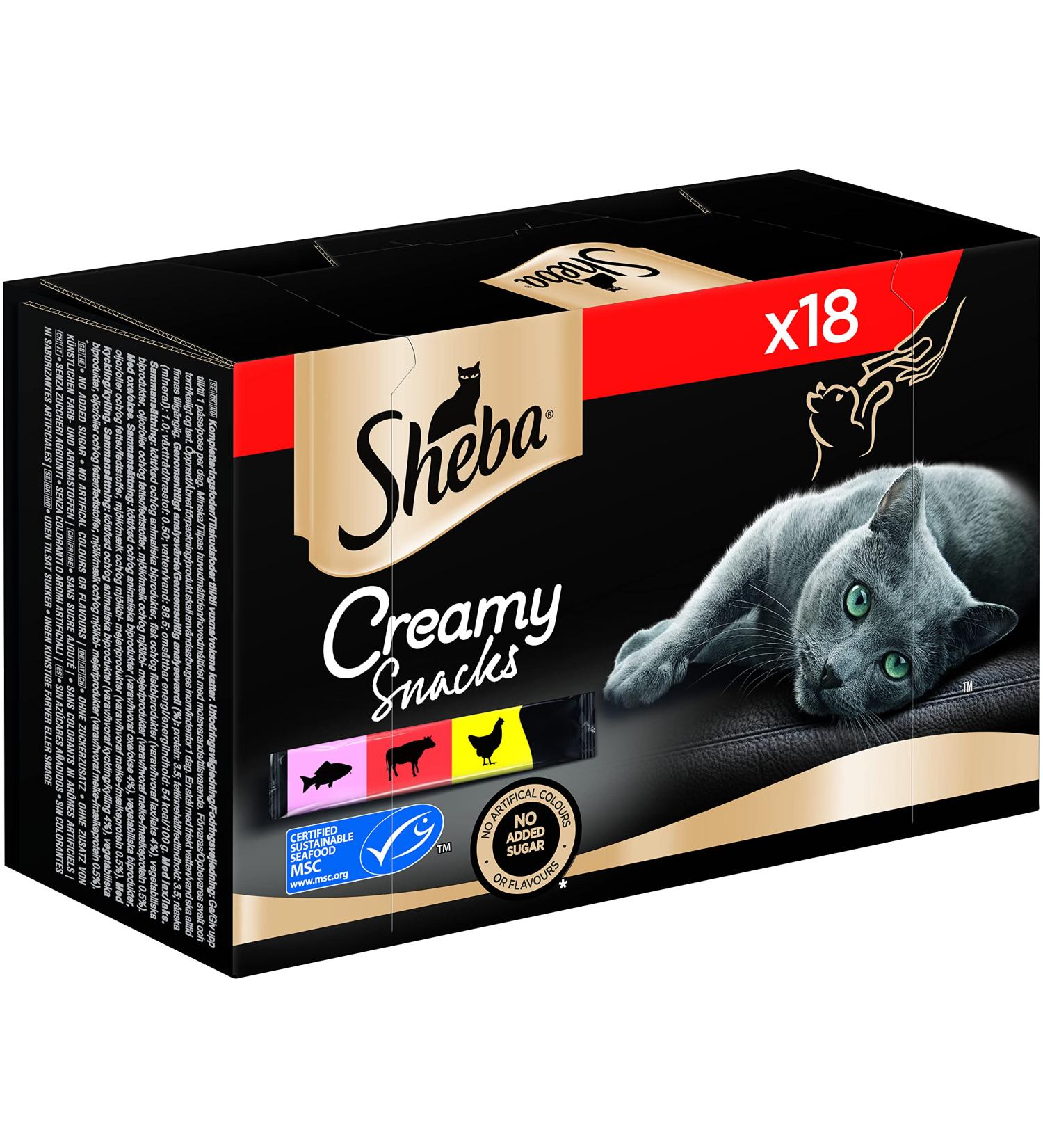 Sheba Cat Snacks Creamy Sticks - 18x12g Chicken Salmon & Beef | MSC Certified Lickable Treats for Cats - Buy Online on SooperMarket.com