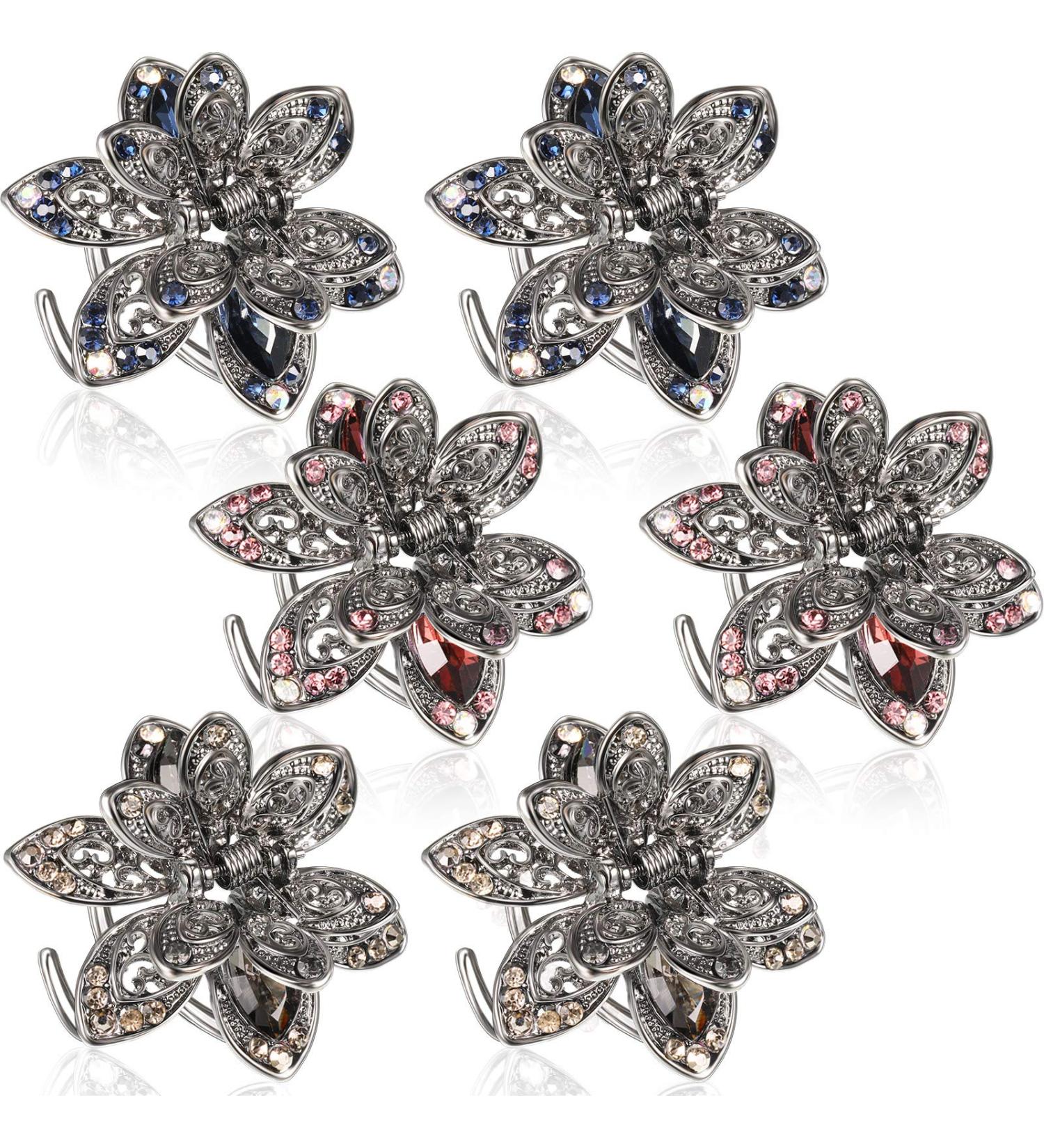 Exquisite Crystal Rhinestone Hair Claw Clips - Set of 6 | Non-Slip Flower Barrettes for Women and Girls | Vintage Hair Accessories - 3 Colors - Buy Online on SooperMarket.com
