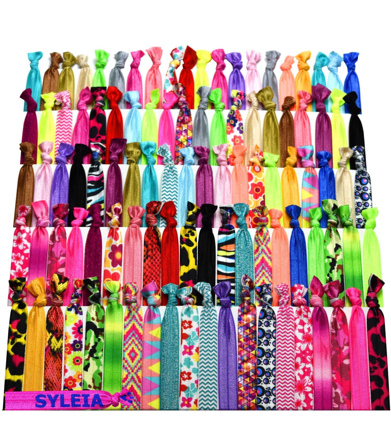 Syleia Hand-Knotted Hair Ties Set - 100 Pieces for All Hair Types | No Crease, Printed & Solid Colors - Buy Online on SooperMarket.com