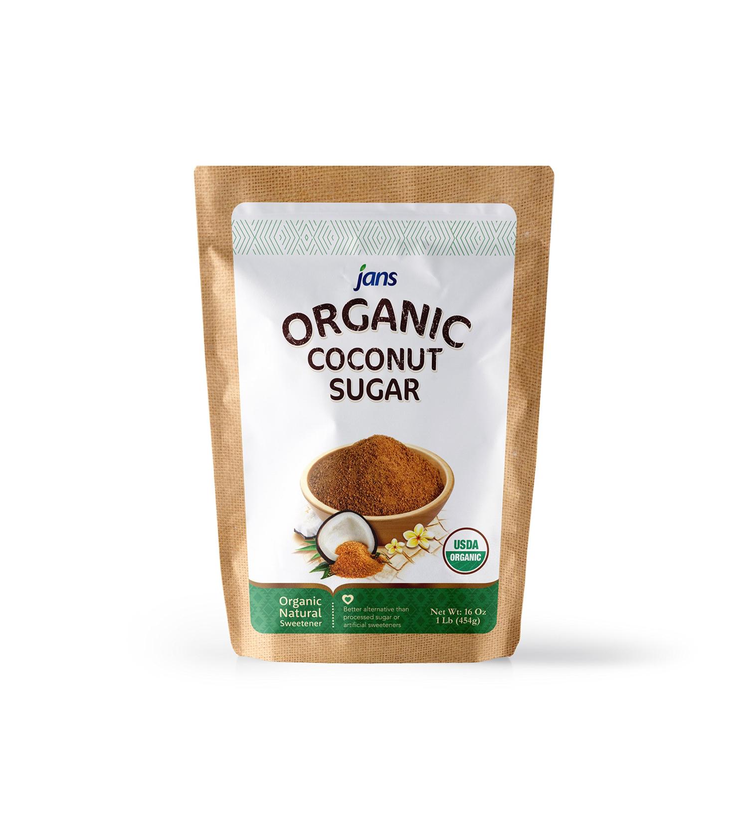 Jans Organic Coconut Sugar 16 oz - Gluten-Free, Certified Organic & Non-GMO - Low Glycemic, Paleo & Vegan Friendly - 1lb Pack - Buy Online on SooperMarket.com