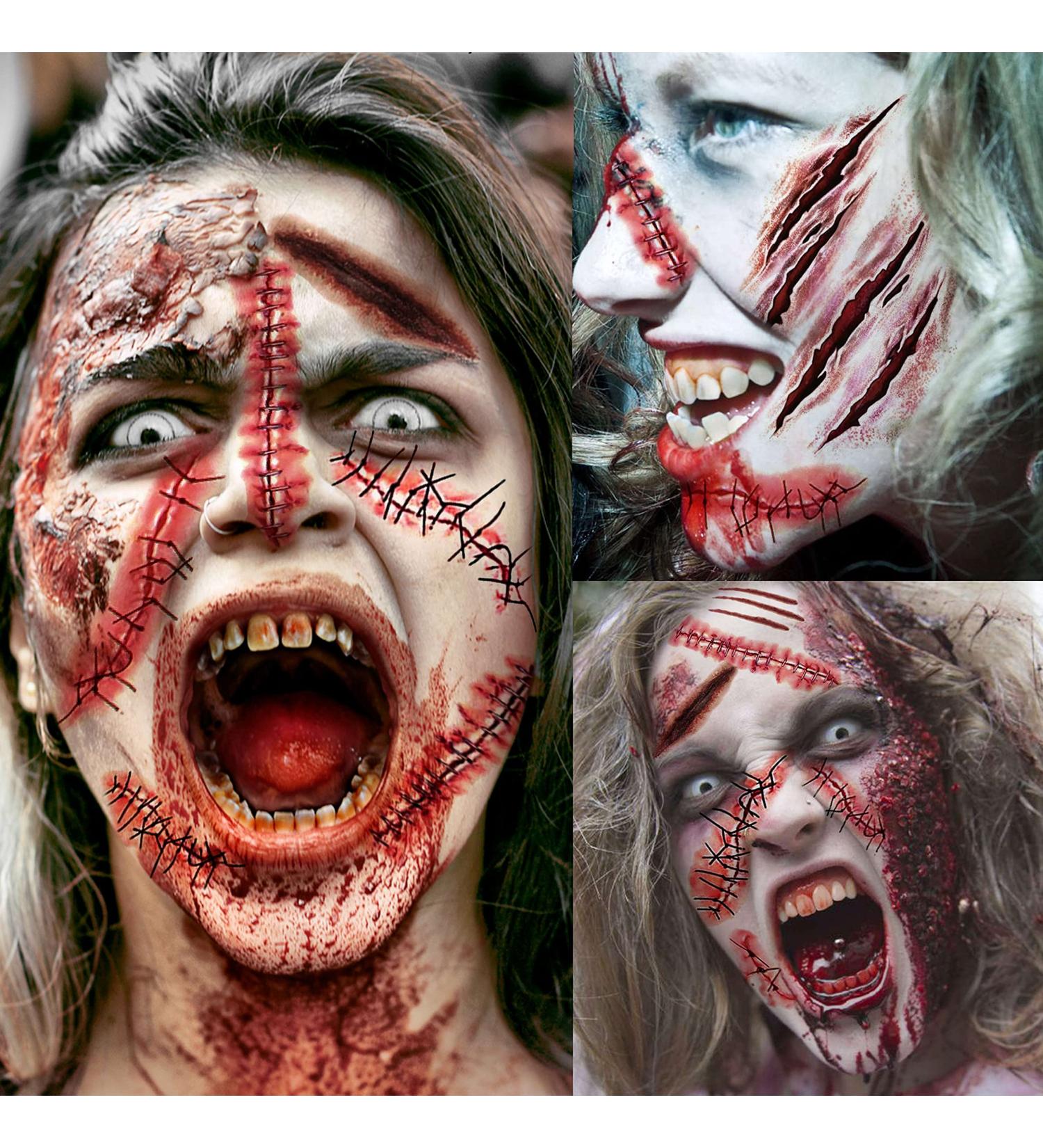 EGMBGM 128+ PCS Halloween Fake Stitches Temporary Tattoos Kit | 3D Zombie Makeup for Adults & Kids | Scary Chucky Scars & Blood Face Stickers - Buy Online on SooperMarket.com