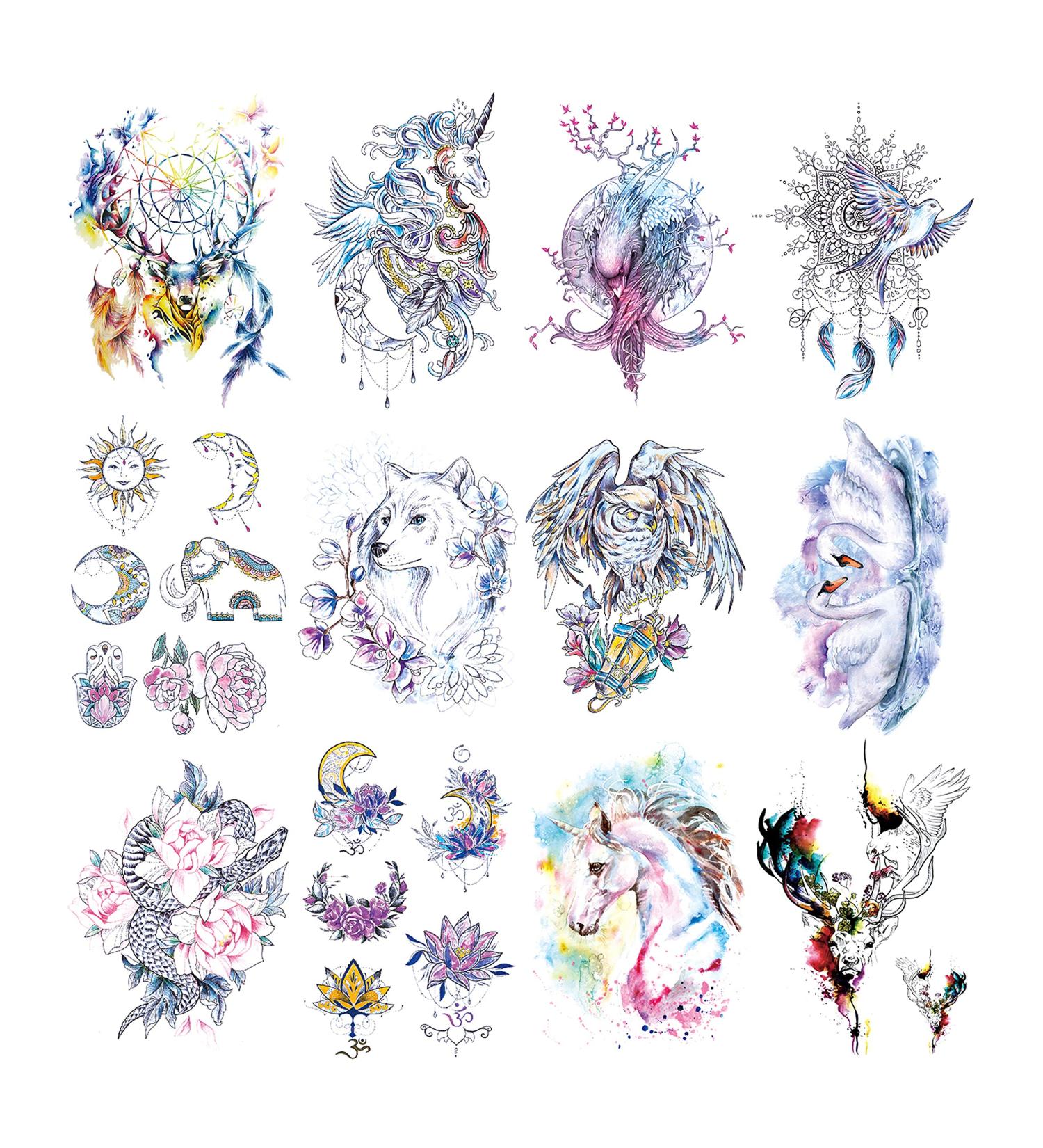 Oottati Fairy Tales Animal Temporary Tattoo Kit - Pink Unicorn Swan Deer Elf Wolf Owl Eagle Elephant Sun Flower Arm - 12 Sheets - Buy Online on SooperMarket.com
