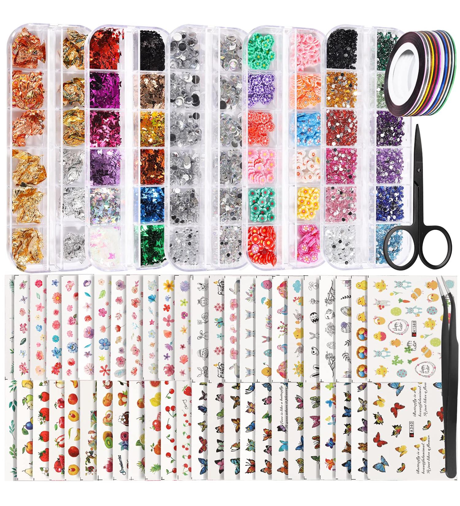 Teenitor Nail Art Decoration Kit - 50 Sheets Stickers, Water Decals, Rhinestones, Glitter, Foils, Striping Tape, Flowers Slices - Buy Online on SooperMarket.com