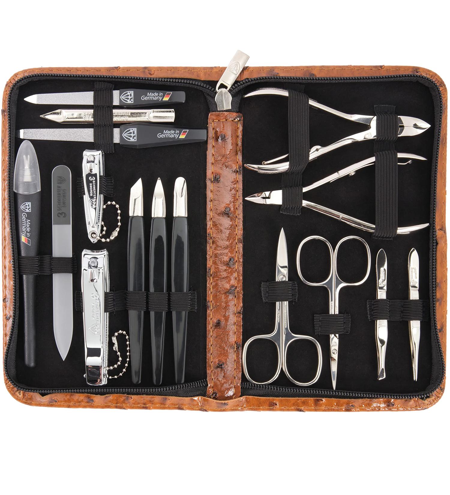 Three Swords 16 pcs Manicure Pedicure Set 'Cinisello' | Premium Synthetic Leather Nail Case in Cognac | Complete Hand & Foot Care Tools - Buy Online on SooperMarket.com