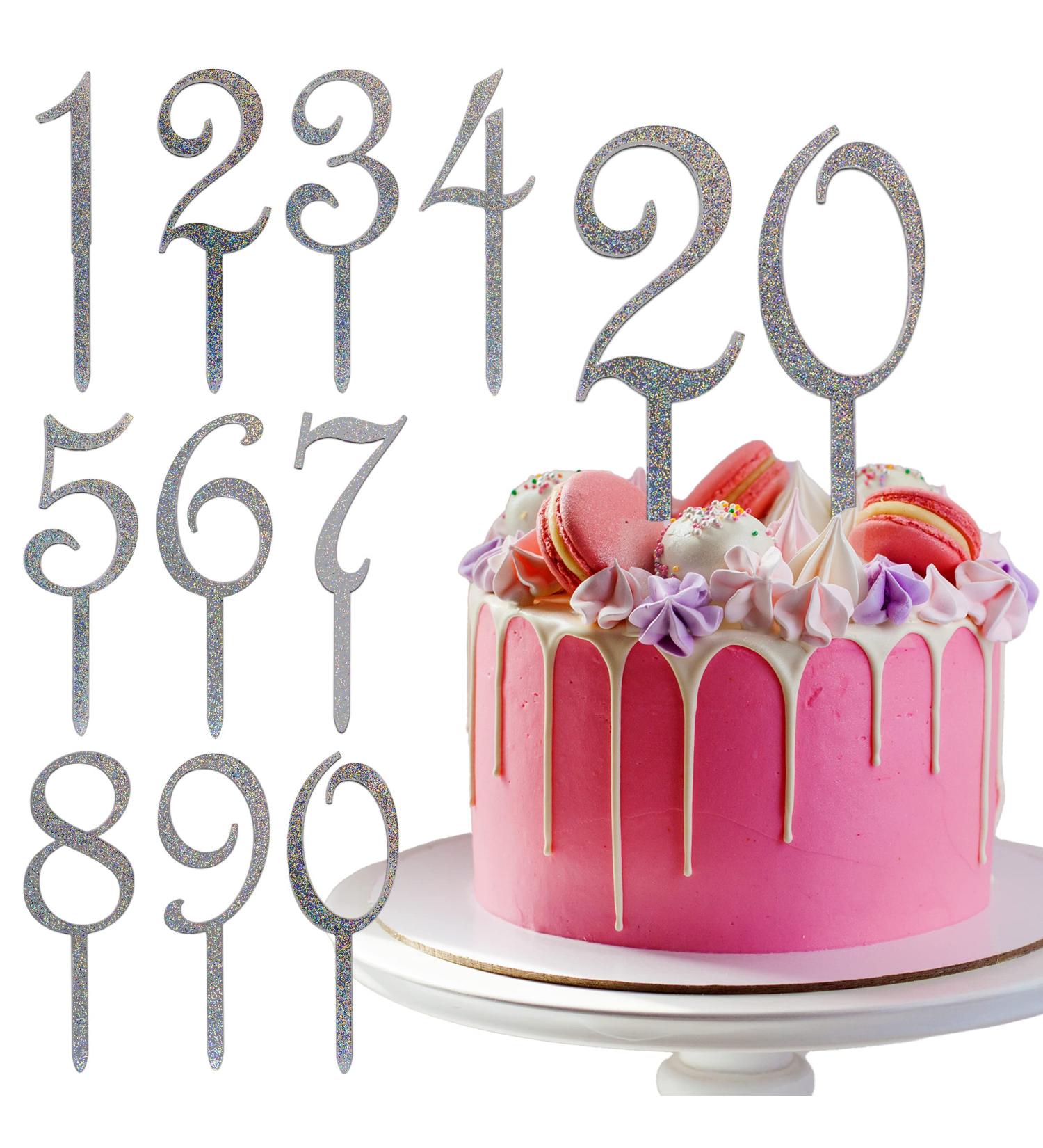 Silver Happy Birthday Cake Topper Numbers - Set of 10 Acrylic Cake Decorations for All Ages - Men and Women, 1st Birthday to 100+ - Birthday Cake Toppers - Buy Online on SooperMarket.com