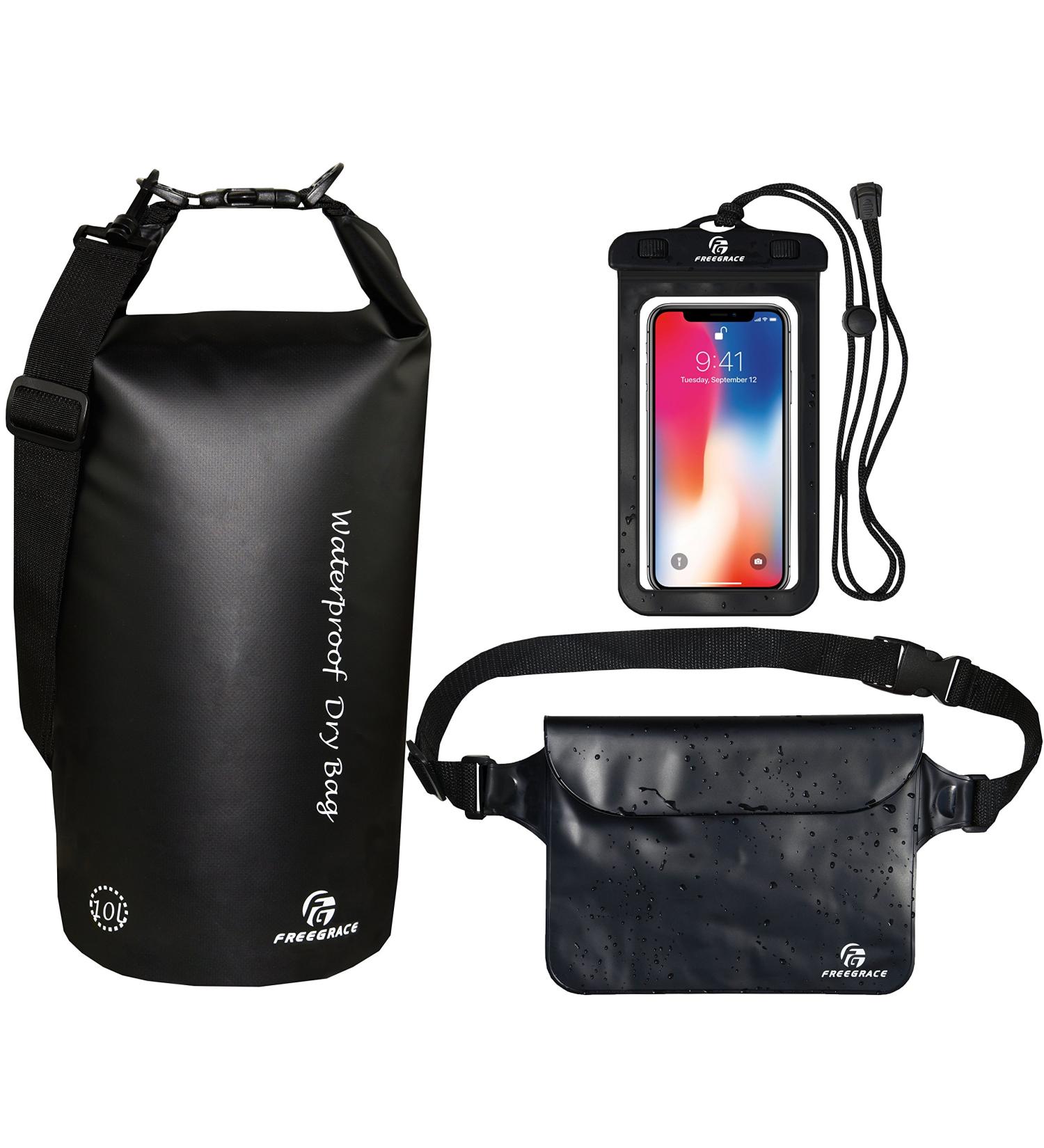 Freegrace Waterproof Dry Bags Set of 3 - 5L - Ideal for Swimming, Kayaking, Rafting & Boating - Black - Includes Waist Pouch & Phone Case - Buy Online on SooperMarket.com