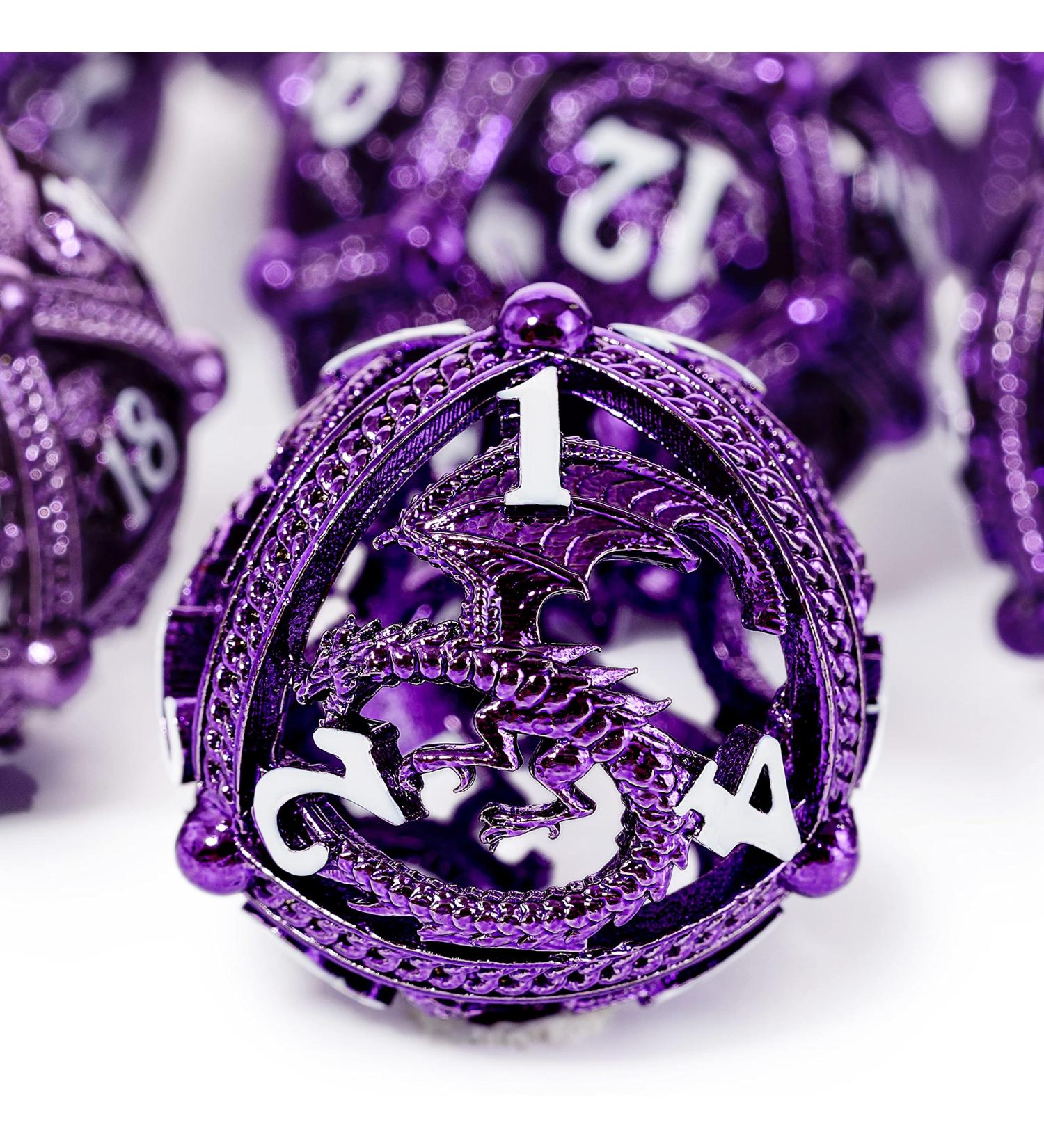 Metal DND Dice Set - Unique Round Hollow Orb Design - Purple Dragon Metal Dice for RPG - Stunning Dungeons and Dragons Set - Buy Online on SooperMarket.com