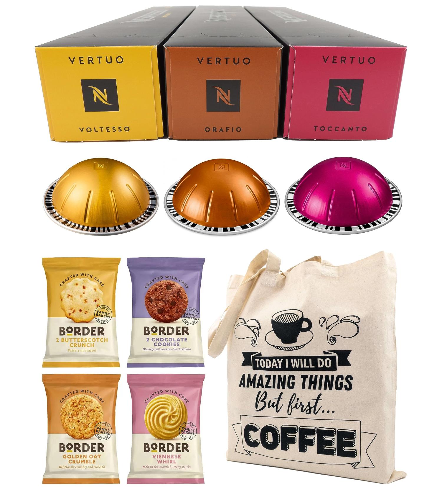 Nespresso Vertuo Coffee Capsules Espresso Selection - Orafio Toccanto Voltesso - 3 Boxes (30 Pods) Bundled with Border Biscuits & Giftable Tote Bag - Buy Online on SooperMarket.com