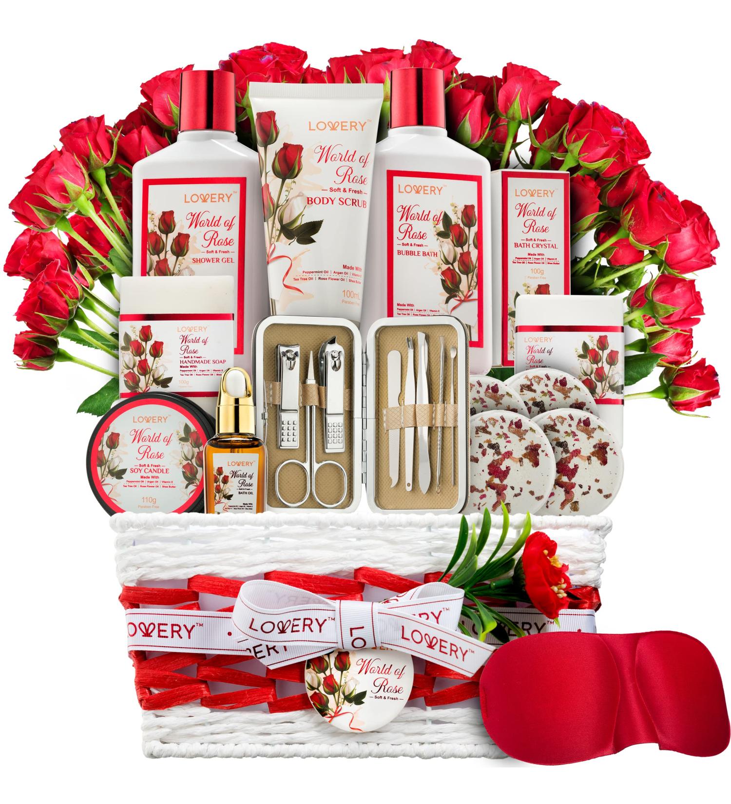 Red Rose Spa Gift Set for Women - 35 Piece Stress Relief Kit for Thank You, Birthday, Mom, Christmas - Nail Care, Body Scrub, Bubble Bath, Bath Bomb & More - Buy Online on SooperMarket.com