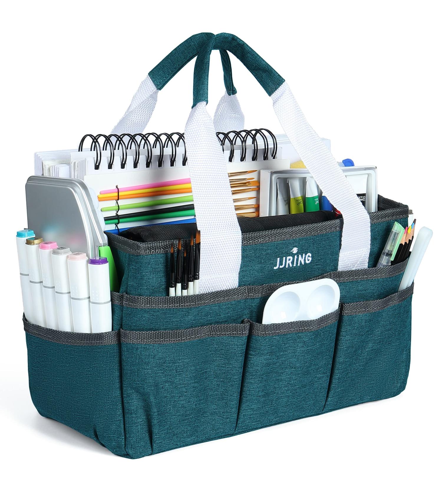 JJRING Craft Organizer Tote Bag - Bluish Green Art Storage Caddy with Multiple Pockets - Small Sewing Bag for Craft, Scrapbooking, School, Medical, and Office Supplies Storage - Buy Online on SooperMarket.com