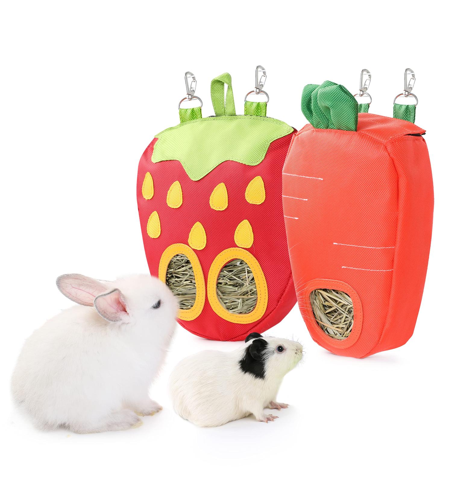 JanYoo Bunny Feeder Hay Bag for Rabbits Guinea Pig Cage Manger with Hooks Food Dispenser Storage Hanging for Chinchilla E-Straberry+Carrot Pack of 2 - Buy Online on SooperMarket.com