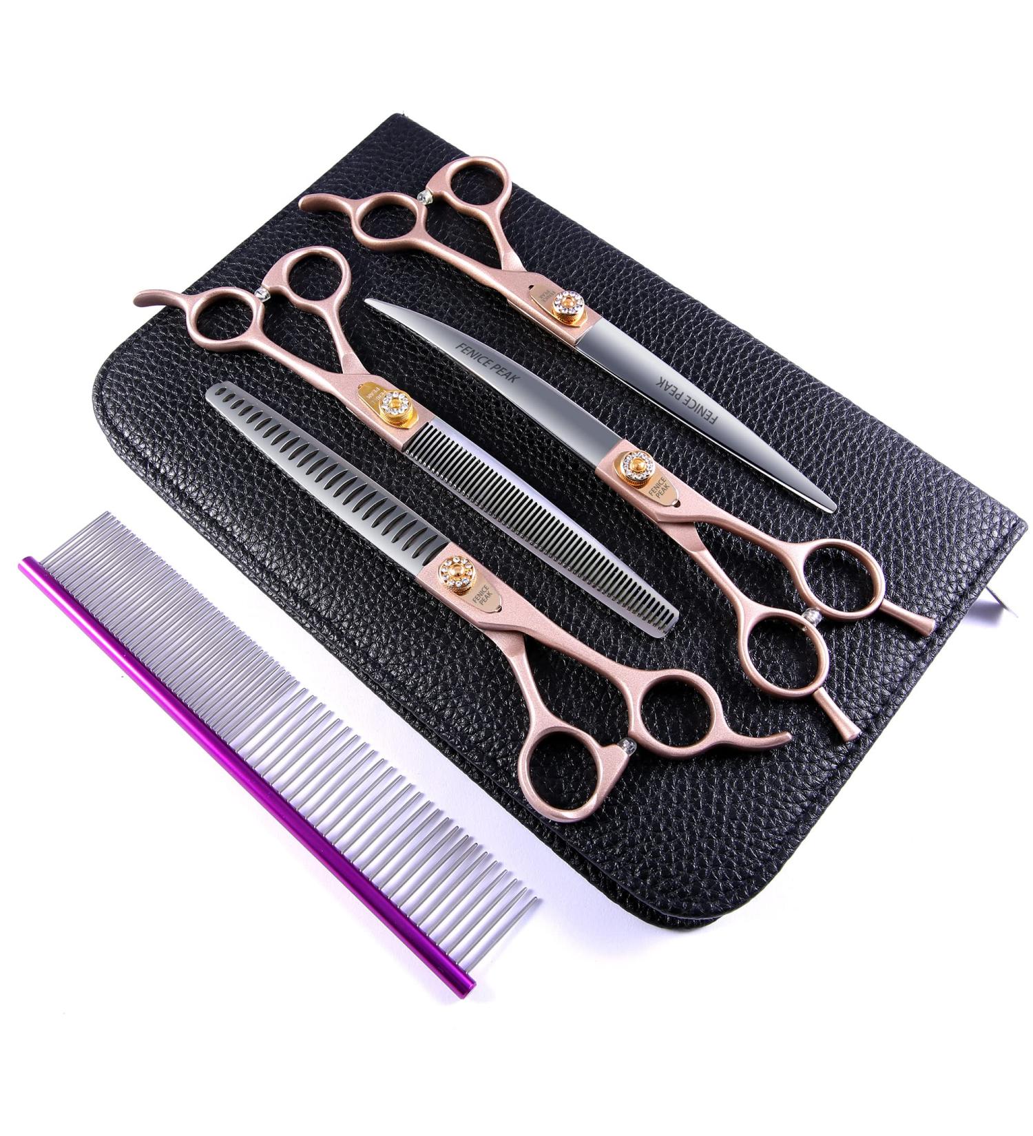 Fenice Peak 7 Professional Dog Grooming Scissors Set - Rose Gold 440C Stainless Steel - 4pcs Combo Set for Pet Grooming Services - Dogs and Cats - 7 - Buy Online on SooperMarket.com