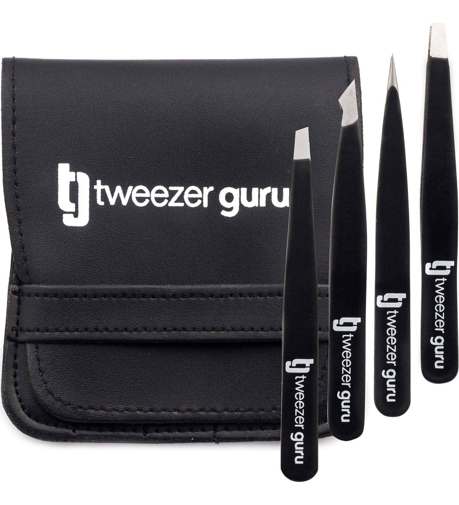 Tweezer Guru 4-Piece Eyebrow Tweezer Set for Men & Women - Professional Precision Tweezers Kit with Case for Facial Hair, Splinter, and Ingrown Hair Removal - Buy Online on SooperMarket.com