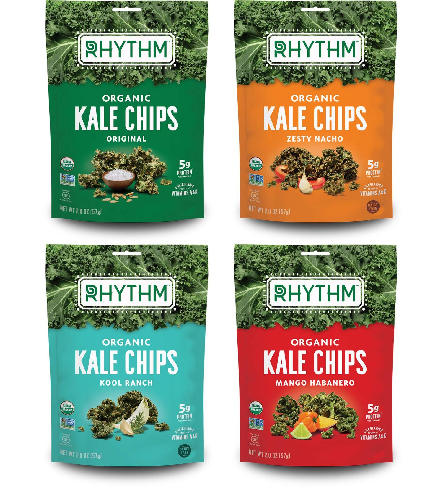 Rhythm Superfoods Kale Chips Variety Pack - Original, Zesty Nacho, Kool Ranch, Mango Habanero - 2.0 Oz (Pack of 4) - Organic, Non-GMO, Vegan, Gluten-Free Superfood Snacks - Buy Online on SooperMarket.com