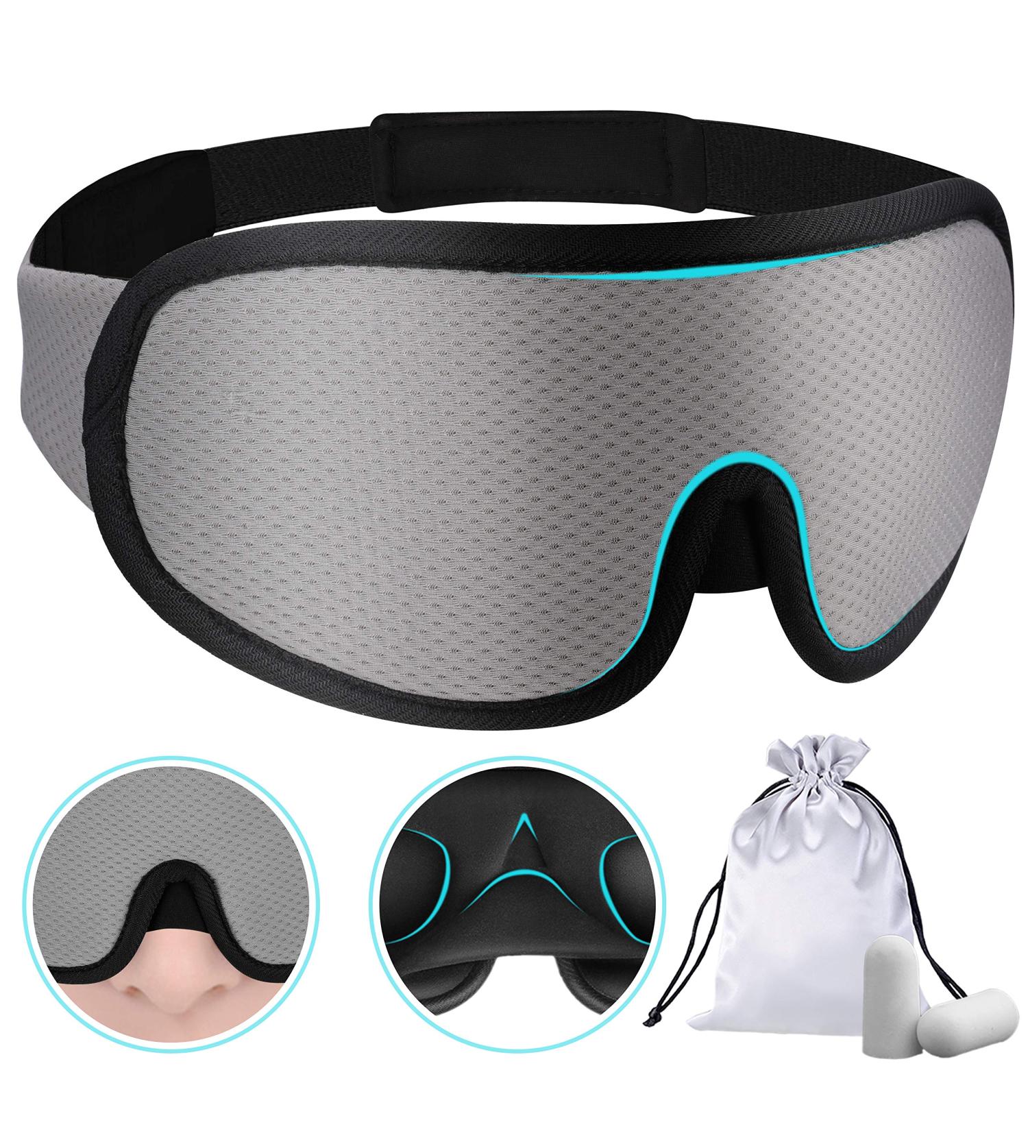 PrettyCare 3D Contoured Sleep Mask - Blockout Light Eye Cover with Earplugs and Travel Bag - Gray Night Eyeshade - Buy Online on SooperMarket.com