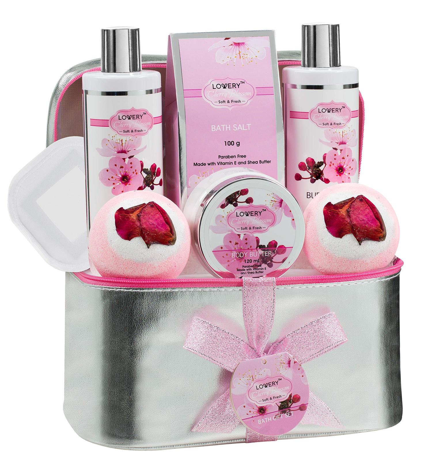 Cherry Blossom Spa Gift Basket Set for Women - Luxury Bath and Body Set with Lotions, Bath Bombs, Mirror, Travel Bag - Perfect Christmas Gift - Buy Online on SooperMarket.com