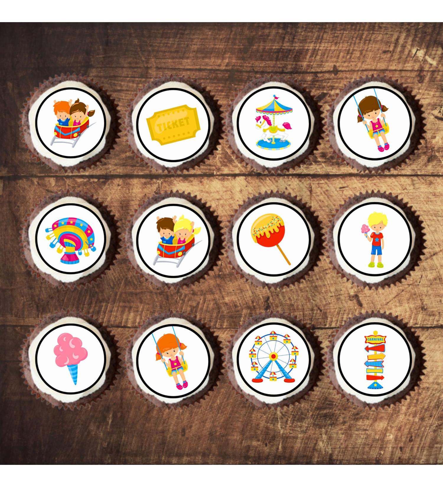 24 Fun Fair Carnival Theme Edible Cupcake Toppers - Stand Up Disc Wafer Cake Decorations - Buy Online on SooperMarket.com