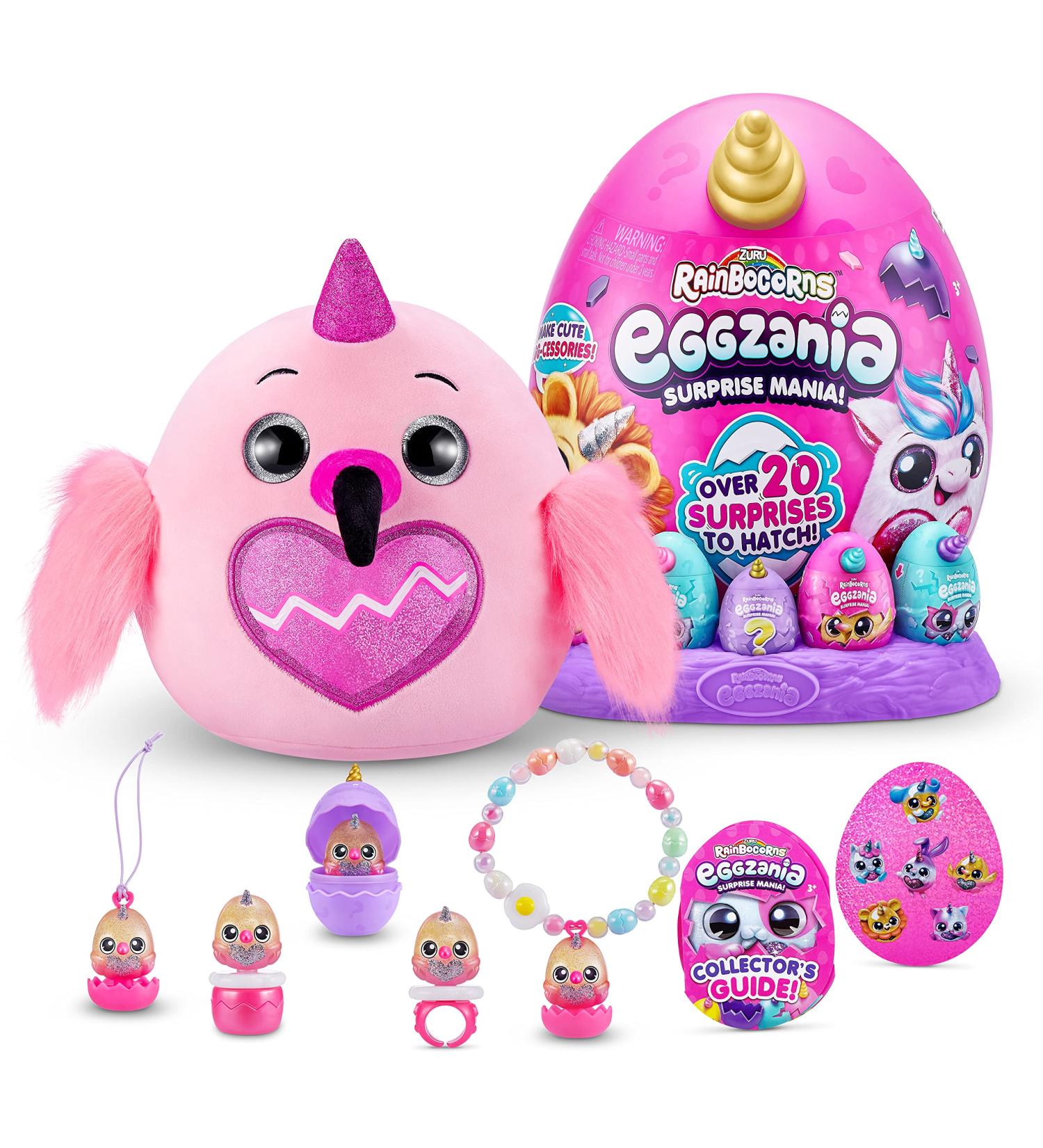Rainbocorns Eggzania Daffy The Flamingo Collectible Plush - 28 cm Cuddle Stuffed Animal with Over 20 Surprises - Rings, Bracelets, Stickers & Wearable Accessories Included - Buy Online on SooperMarket.com