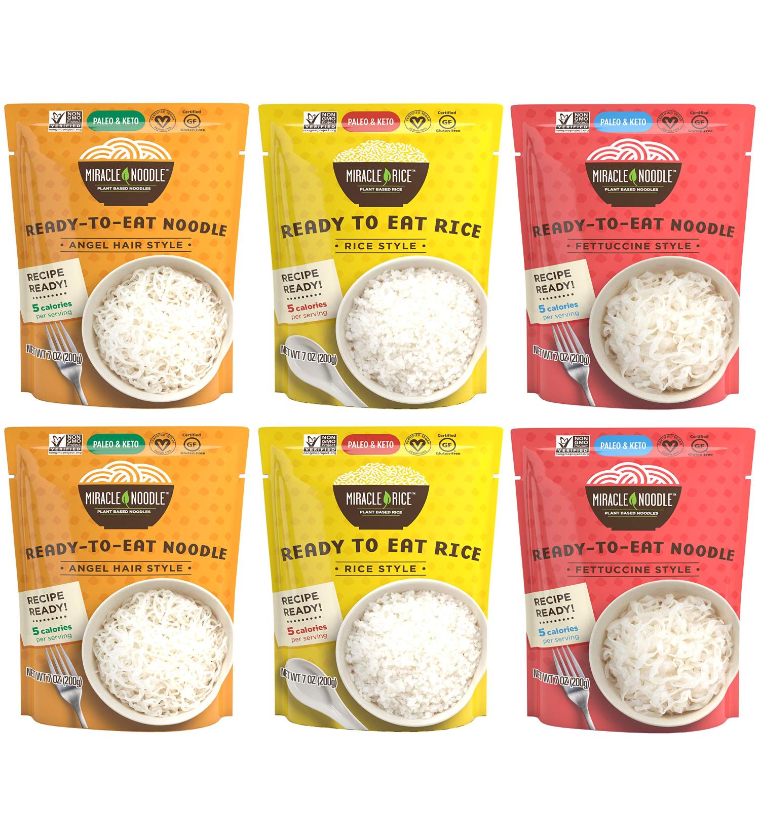 Miracle Noodle Variety Pack - Angel Hair, Fettuccini, Shirataki Noodles & Konjac Rice - Ready To Eat, Keto Friendly, Gluten Free - Pack of 6 (2 Bags Each) - Buy Online on SooperMarket.com
