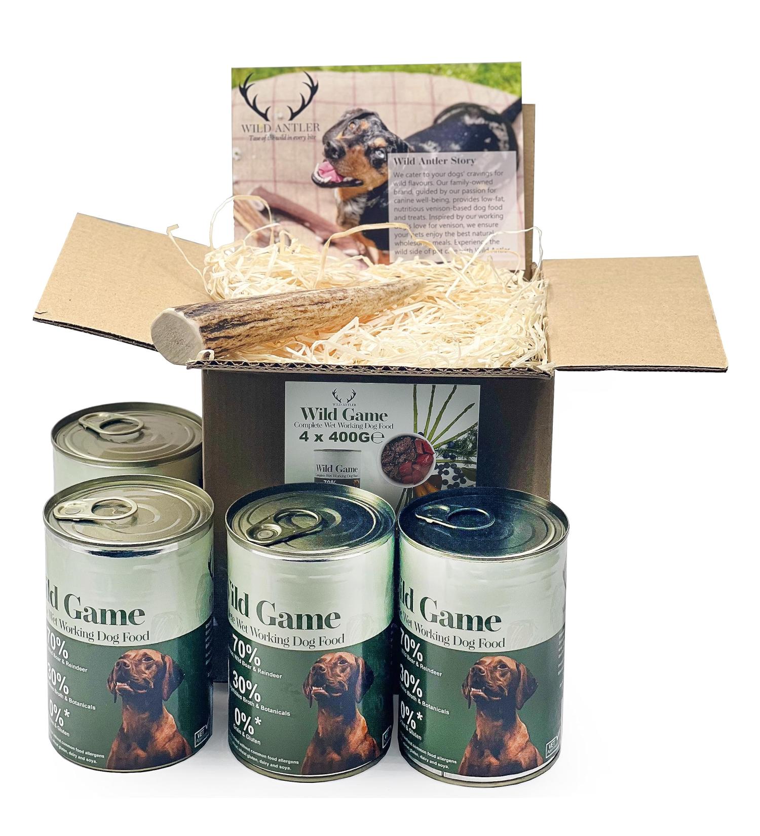 Venison & Wild Boar Mix (4x400g) Plus Medium Size Antler Chew Toy Grain-Free Wet Dog Food for Active Dogs by Wild Antler - Buy Online on SooperMarket.com
