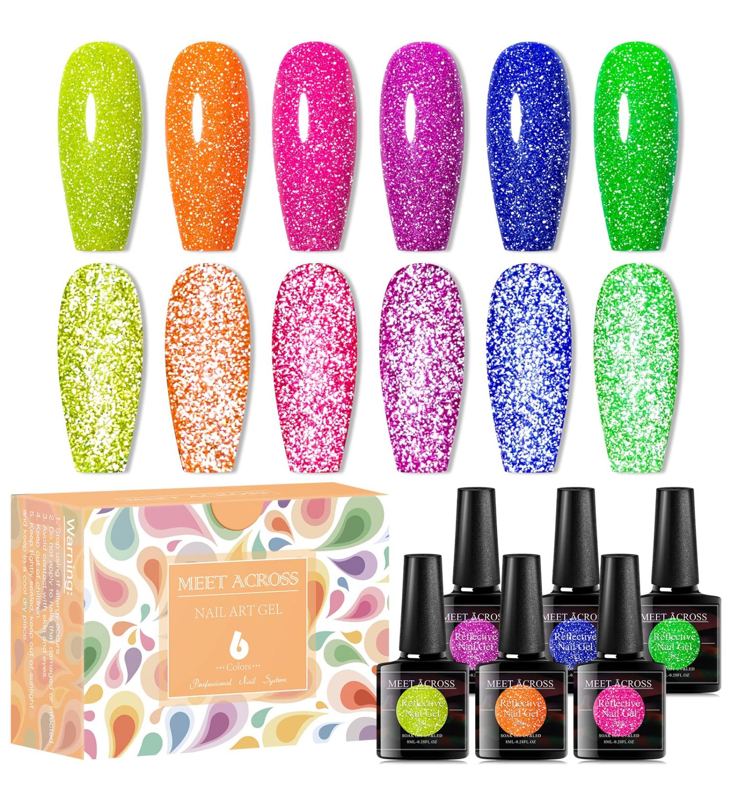 MEET ACROSS Neon Reflective Glitter Gel Nail Polish Set - Shimmery Sparkly Gel Art Varnish Kit for DIY Manicure - Soak Off LED Lamp Included - Buy Online on SooperMarket.com