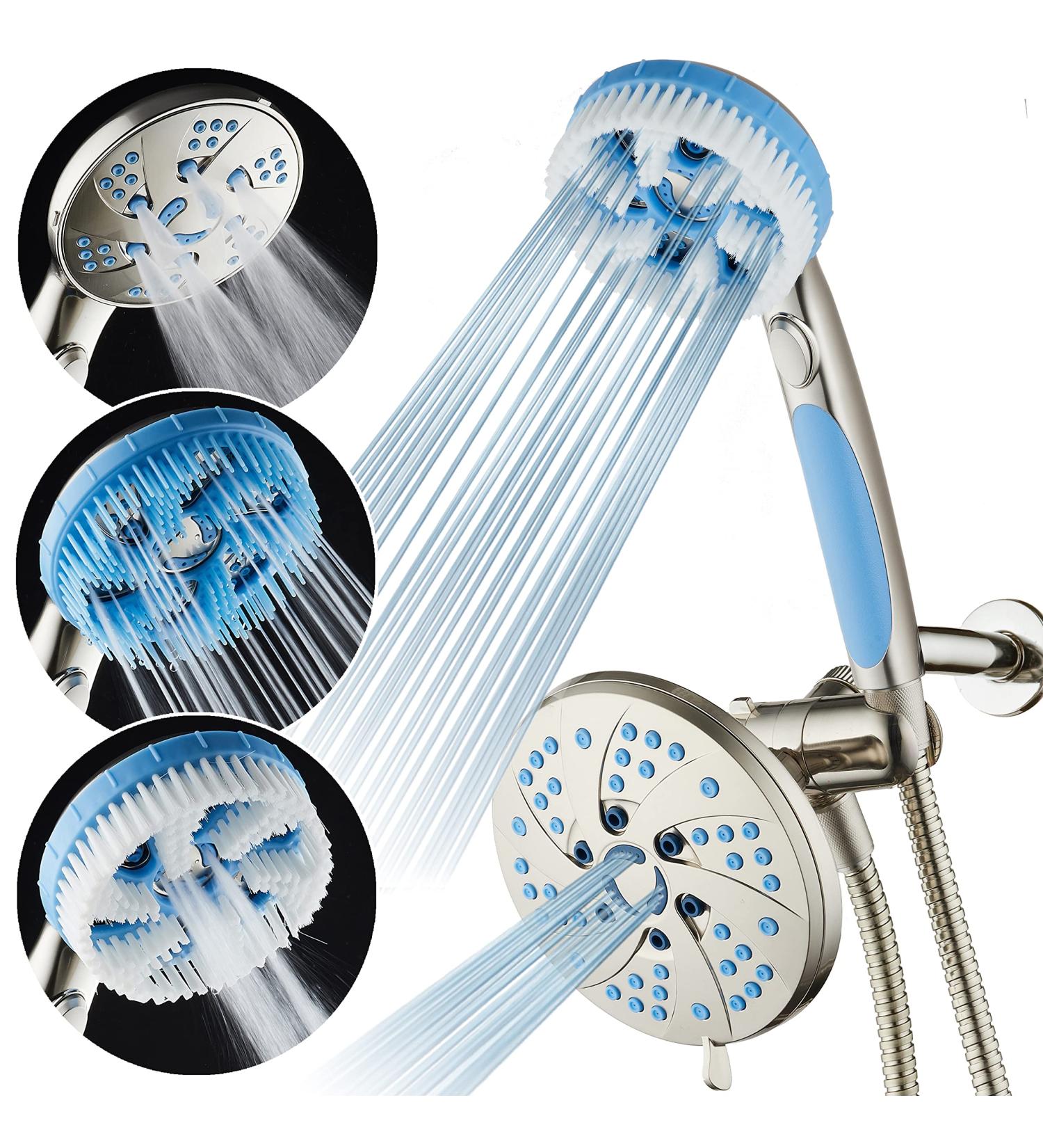 AquaCare 5-in-1 Aquassage High Pressure 76-mode Shower Head Combo with Hand Shower, Body Brush & Hair Brush - Satin Nickel Finish, Extra-long Stainless Steel Hose, Two Brackets Included - Buy Online on SooperMarket.com