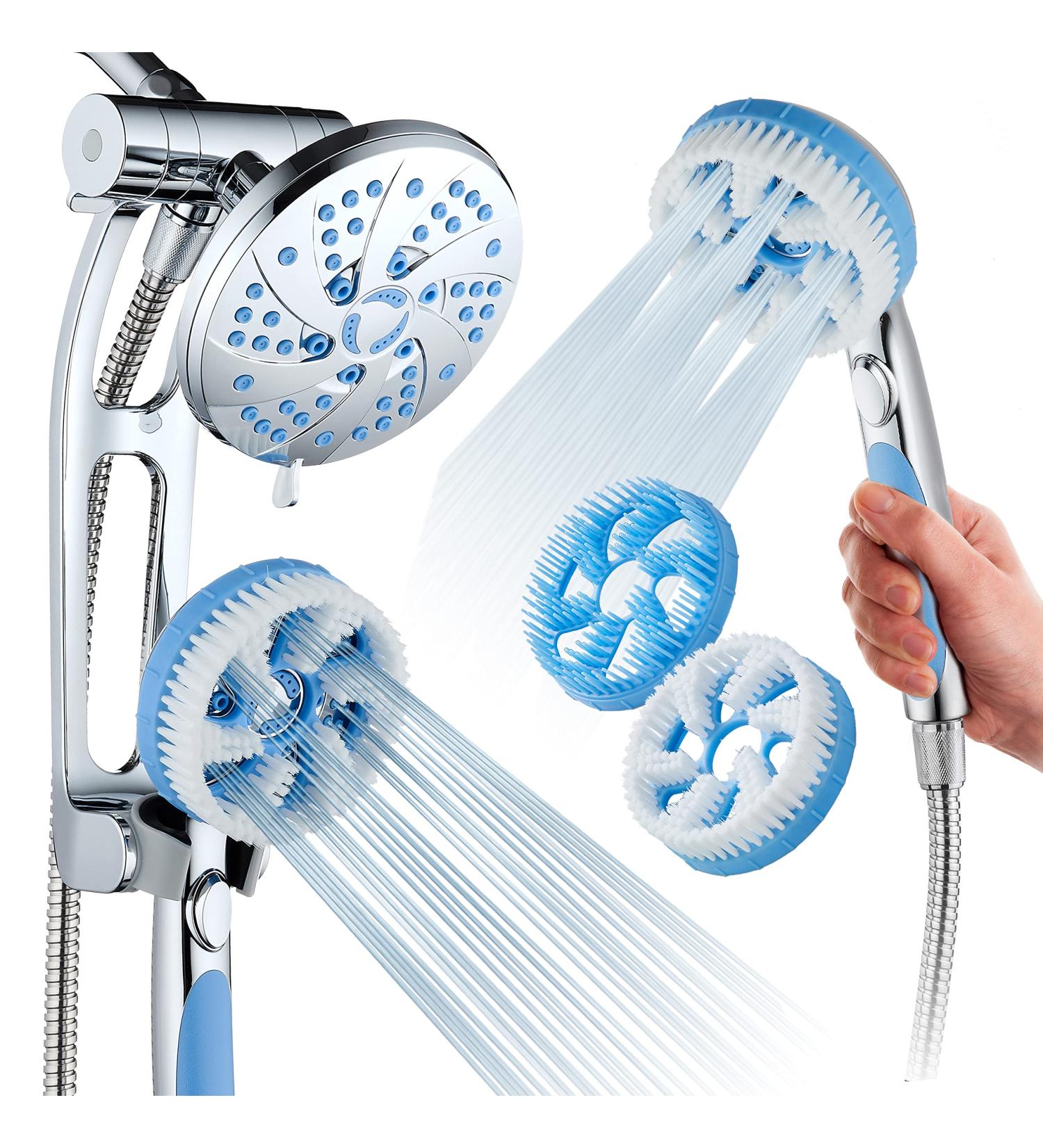 High Pressure 6-in-1 Aquassage by AquaCare - 76-mode 3-way Combo  Showerhead  Hand Shower  Body Brush  Hair Brush & Arm in One! Two Brackets  Extra-long 6 foot Stainless Steel Hose  Brush Head Holder All-chrome - Buy Online on SooperMarket.com