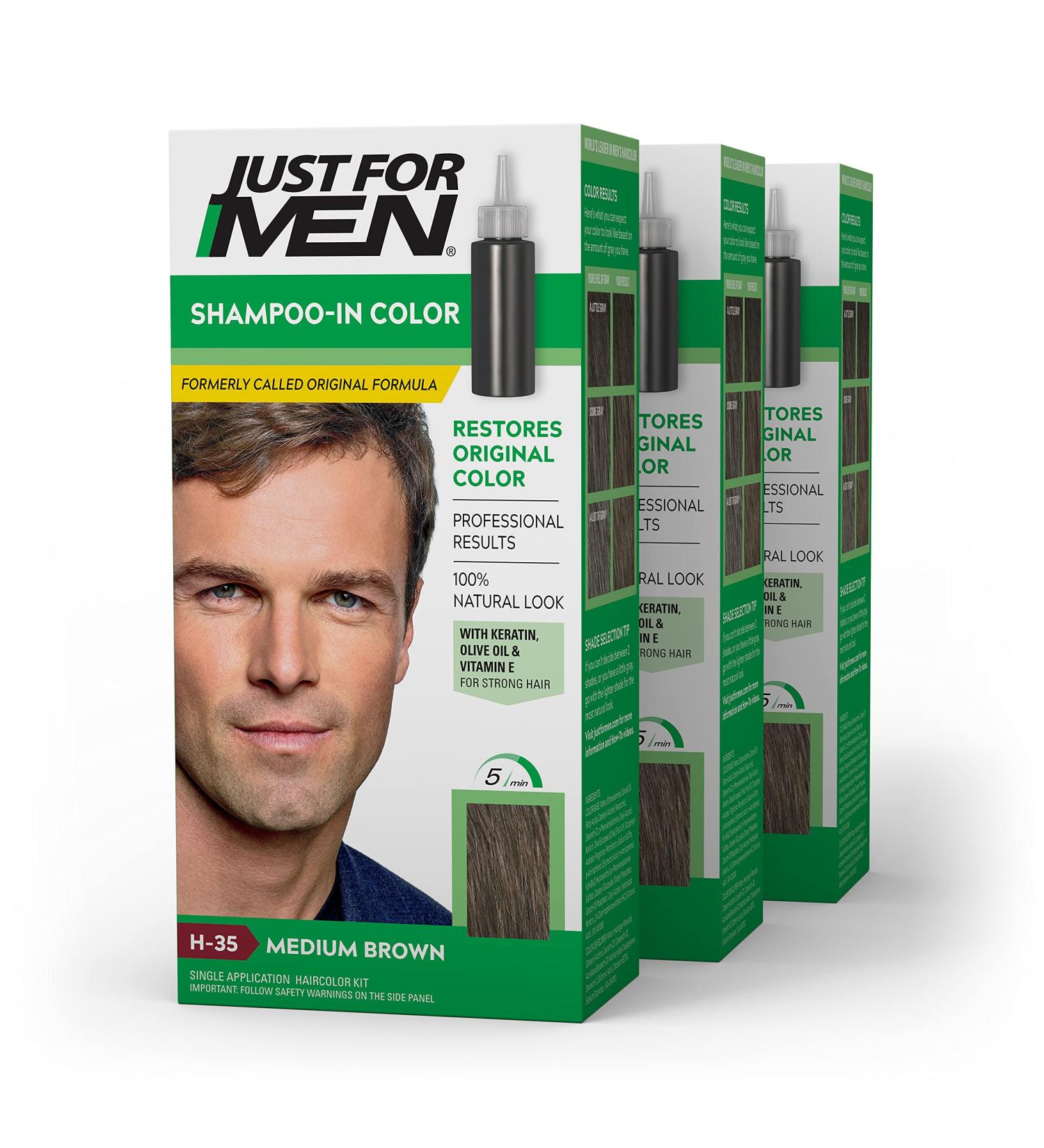 Just For Men Shampoo-In Color Mens Hair Dye - Medium Brown H-35 3 Pack with Vitamin E for Stronger Hair - Buy Online on SooperMarket.com