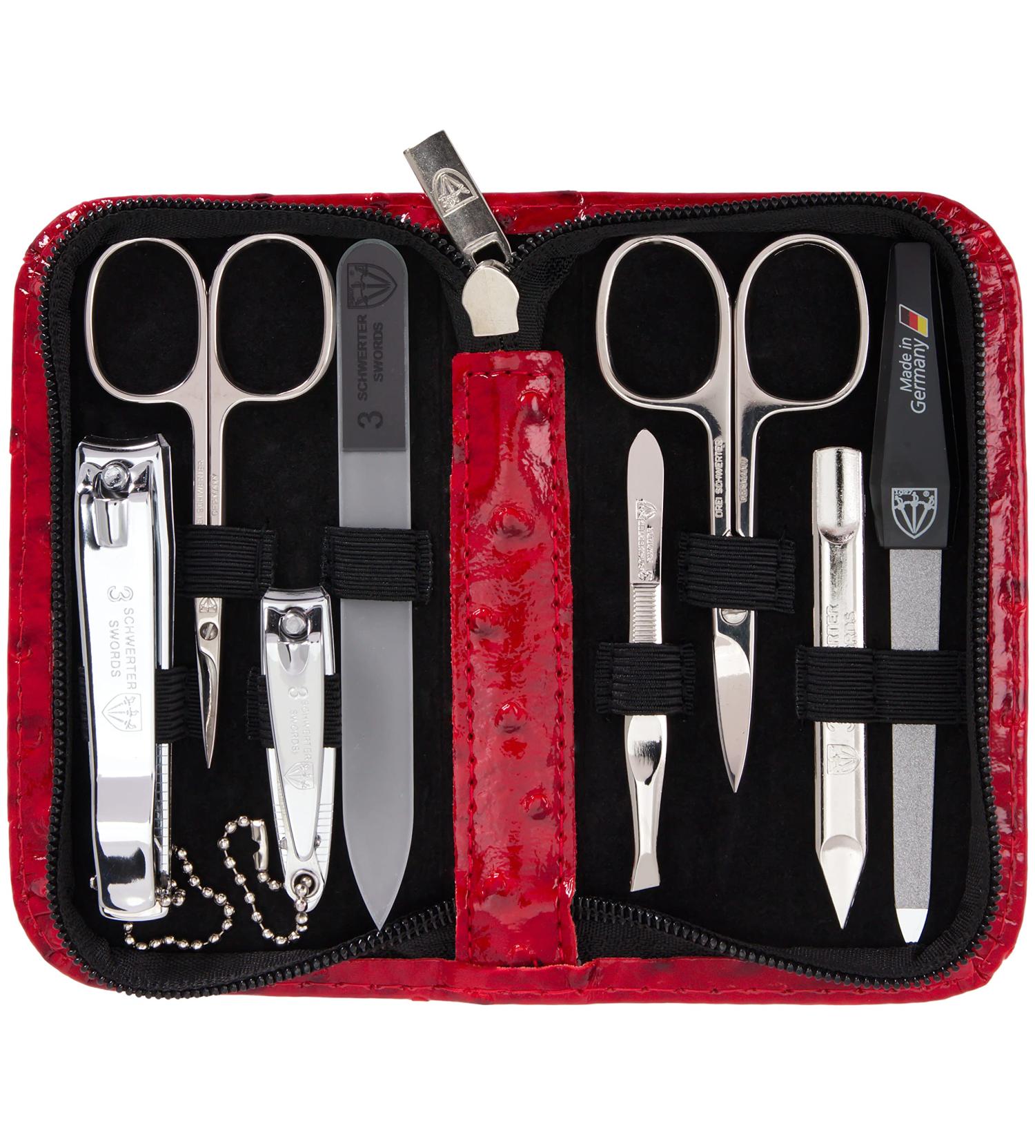 Three Swords 8 pcs Manicure Set 'Roma' | High-Quality Ostrich Leather Imitation Nail Case | Complete Nail Care Tools - Scissors Clippers Tweezers Glass & Sapphire Files - Buy Online on SooperMarket.com