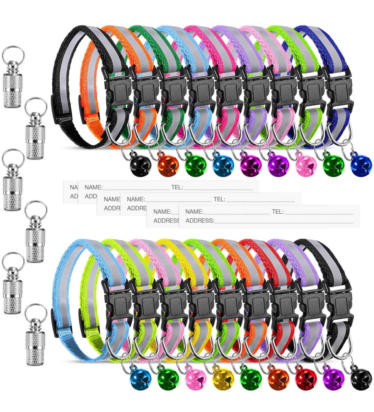 18 Piece Reflective Cat Collars with Bell and Safety Buckles | Durable Nylon Adjustable Collars with 6 Weatherproof ID Tags for Kittens and Puppies - Buy Online on SooperMarket.com