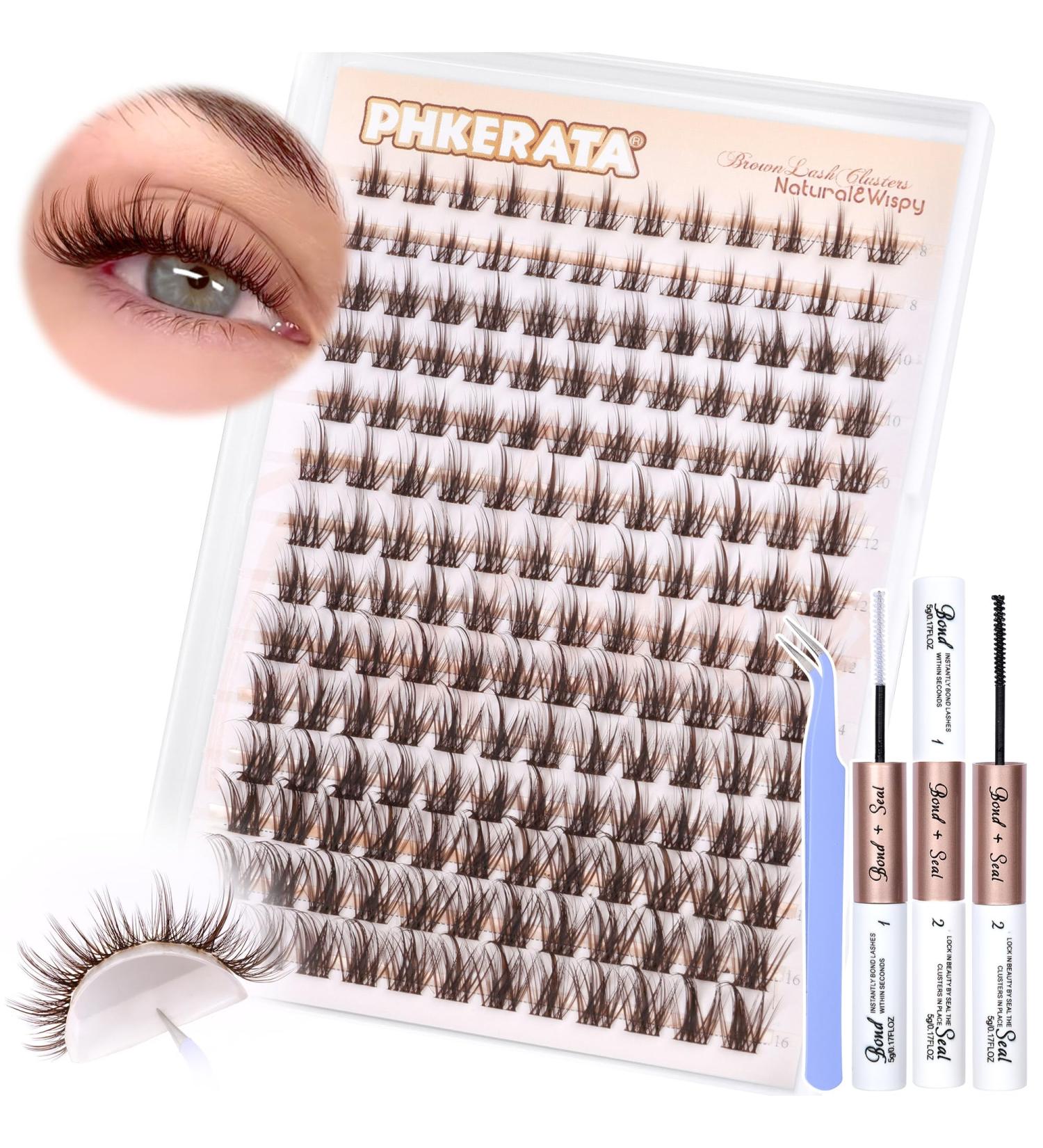 PHKERATA Brown Cluster Lashes Kit - Individual Eyelashes C Curl Extension Set with Glue, Seal, and Tweezers - Buy Online on SooperMarket.com