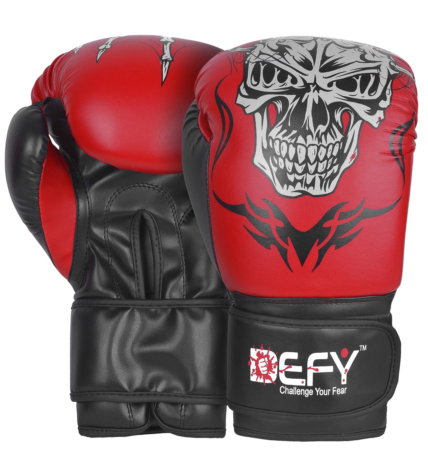 Defy Sports Premium Faux Leather Kickboxing Gloves | Gel Infused with Thumb Support | Skull Design Red 10 oz | Men and Women - Buy Online on SooperMarket.com
