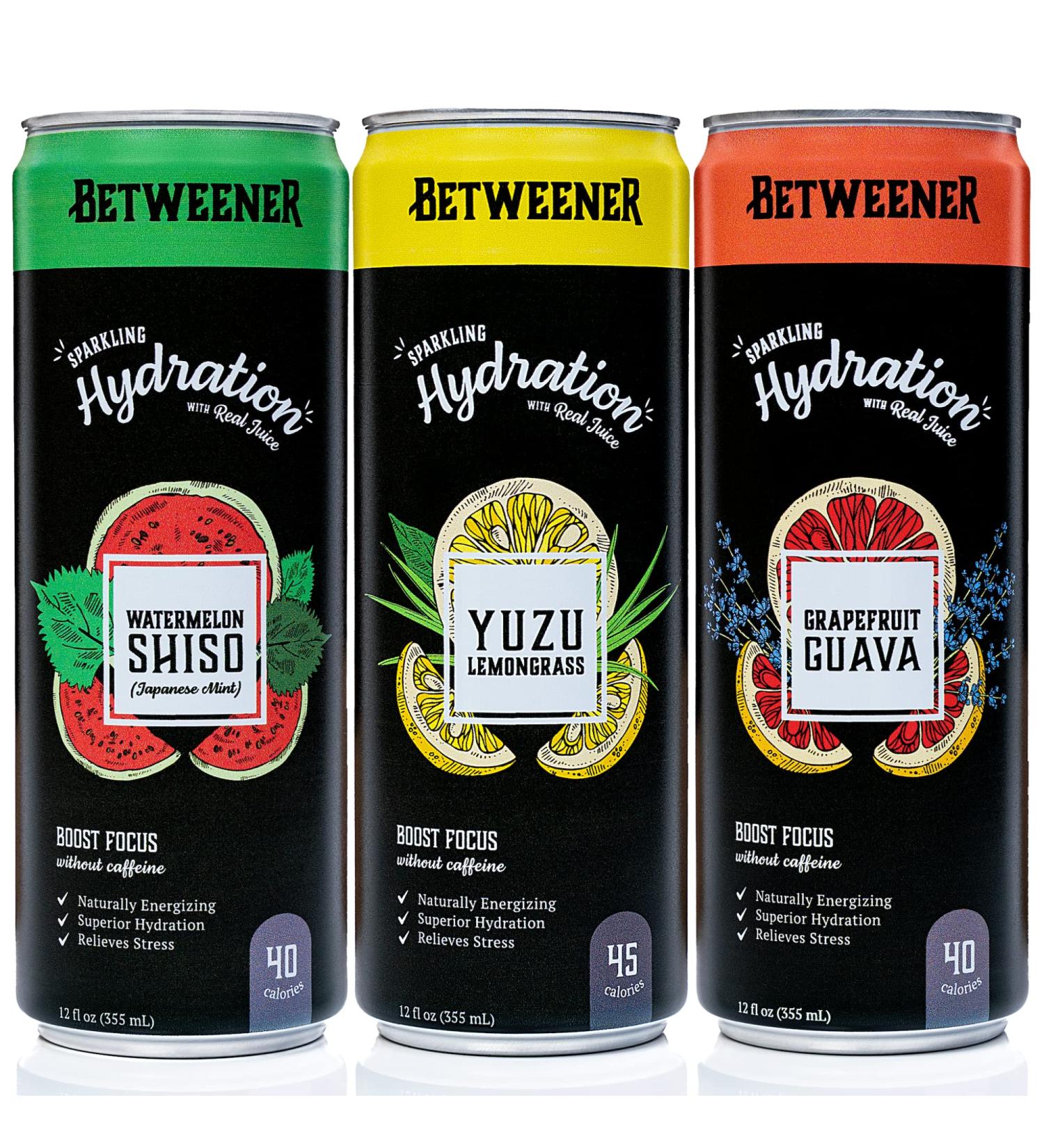 Betweener Sparkling Water & Energy Drink: Healthy Seltzer with L-Theanine, Vitamins, Electrolytes, Real Juice - Variety Pack (12 Pack) - Buy Online on SooperMarket.com