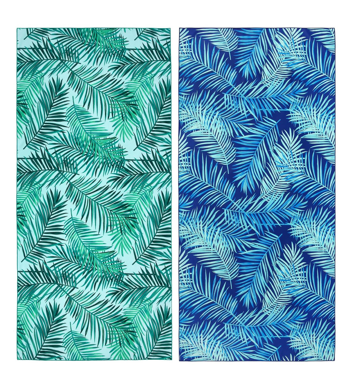 2 Pack Oversized Microfiber Beach Towel Set - Sand-Free, Quick Drying, Super Absorbent - Blue/Green Leaves Print - Ideal for Beach, Pool, Camping - Soft, Lightweight, and Breathable - Buy Online on SooperMarket.com