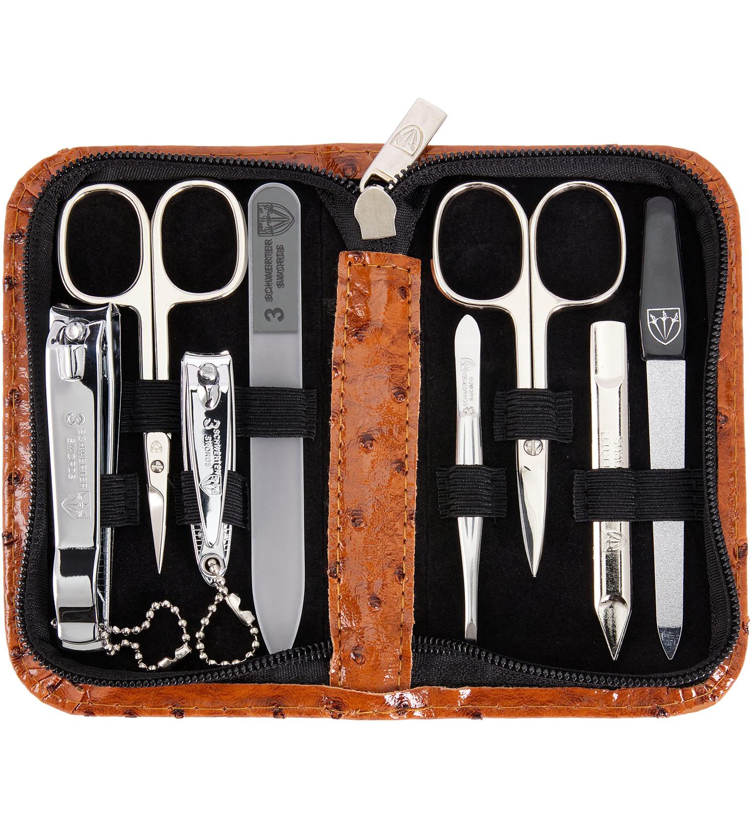 3 Swords Germany - brand quality 8 piece manicure pedicure grooming kit with glass nail file (483) COGNAC - OSTRICH IMITATION - Buy Online on SooperMarket.com