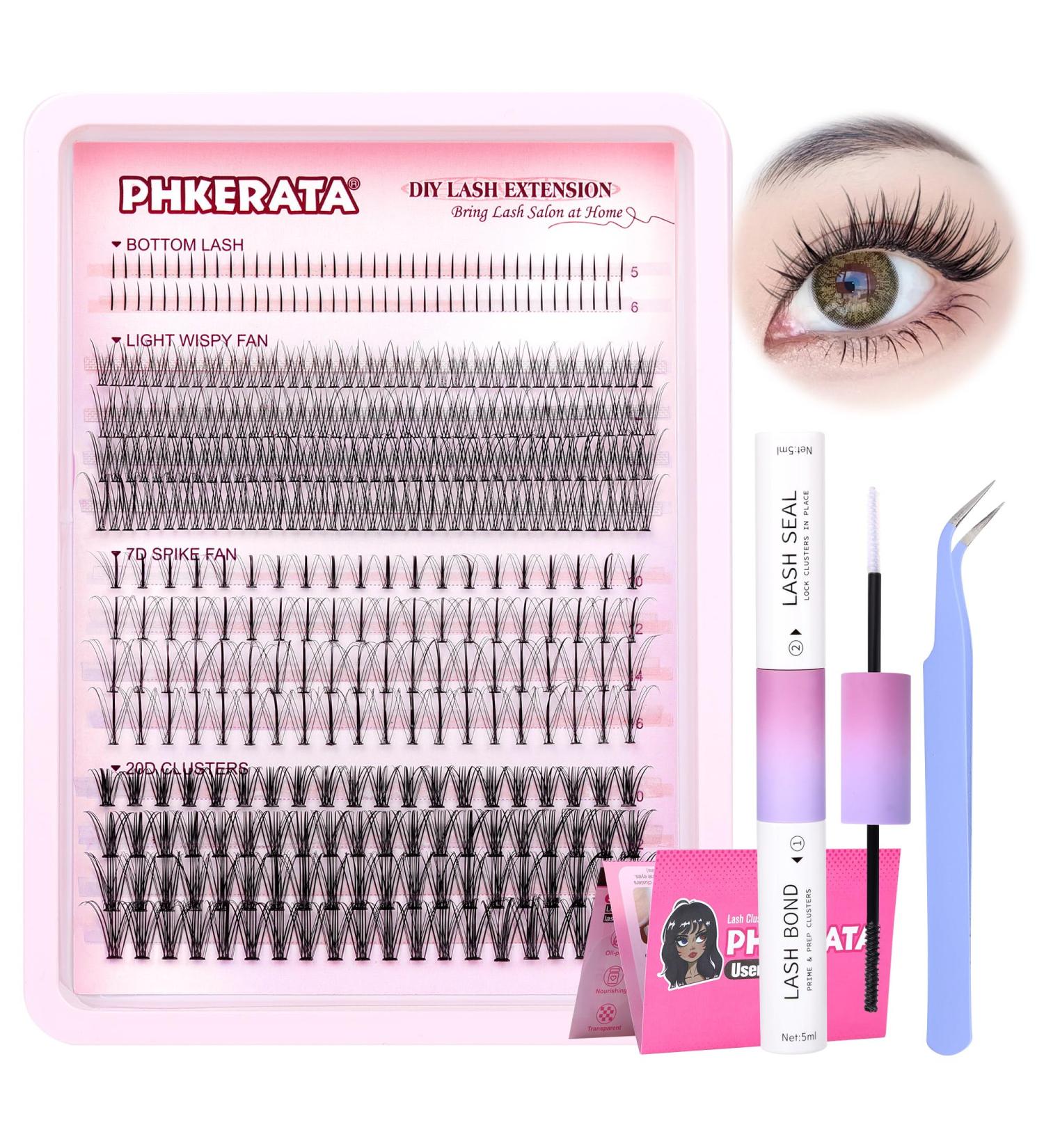PHKERATA Individual Eyelashes DIY Extension Kit with Bond, Seal, and Tweezers | Wispy Cluster Lashes | 20D Bottom Wispy Mix Kit - Buy Online on SooperMarket.com
