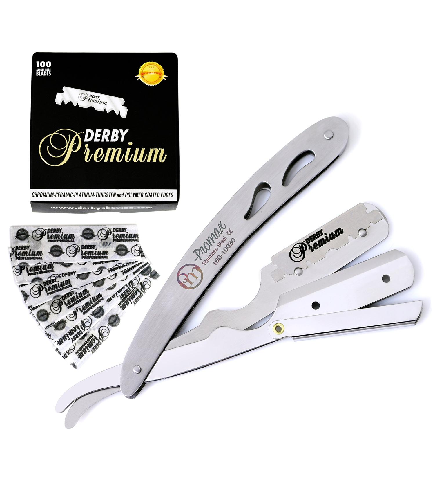 ProMax Professional Straight Edge Razor with 100 Derby Blades | Men's Stainless Steel Manual Shaver for Close Shaves | International Shipping Available - Buy Online on SooperMarket.com