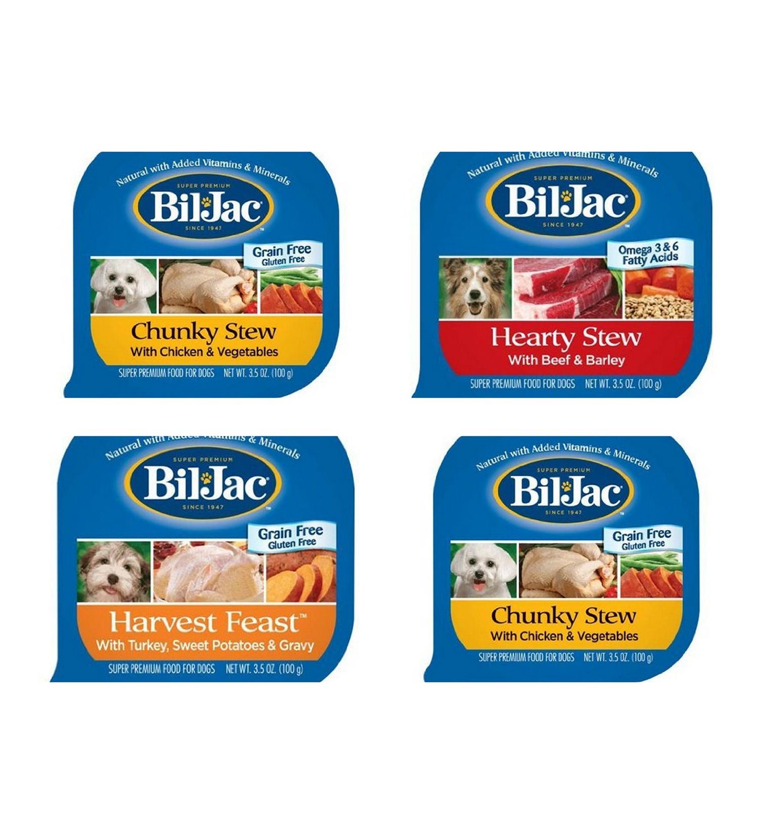 Bil Jac Wet Dog Food Variety Bundle 3.5 oz (Pack of 6) includes 2-Trays Hearty Stew with Beef & Barley + 2-Trays Chunky Stew with Chicken & Vegetables + 2-Trays Harvest Feast with Turkey & Sweet Potatoes in Gravy - Buy Online on SooperMarket.com