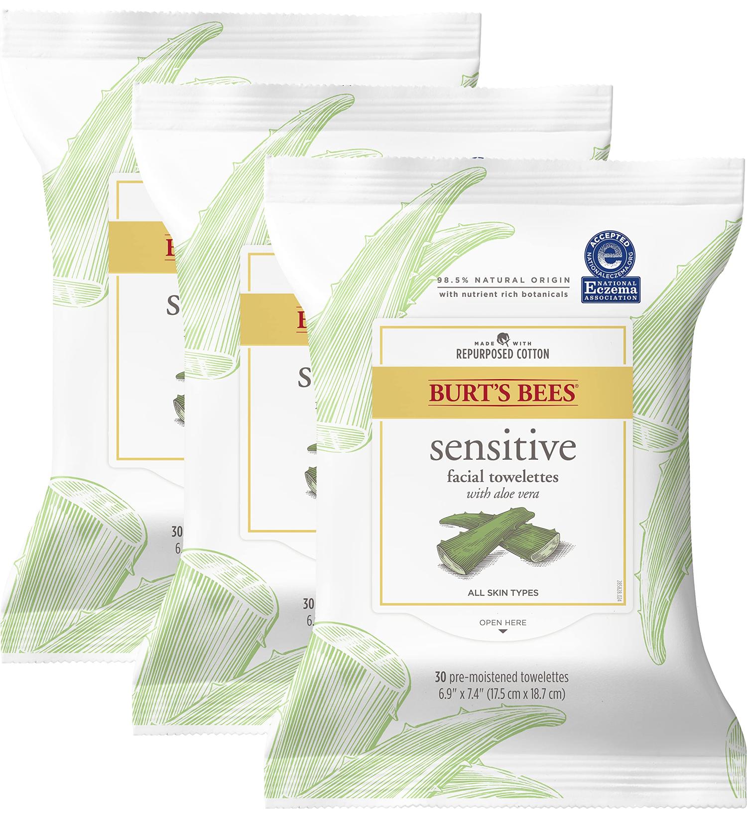 Burt's Bees Sensitive Facial Cleansing Towelettes - 30 Count (Pack of 3) | Gentle Cleansing Wipes with Cotton Extract for Sensitive Skin - Buy Online on SooperMarket.com