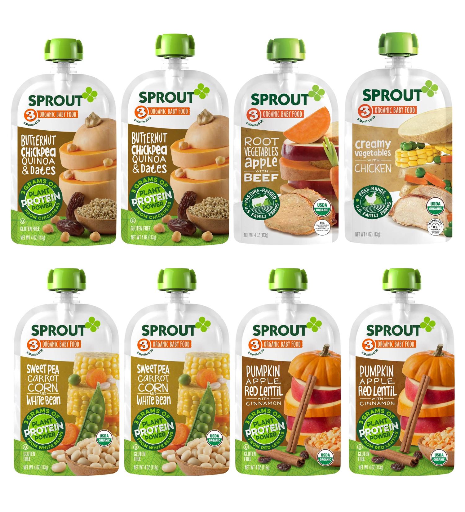 Sprout Organic Baby Food Stage 3 Variety Pack - 8 Meat & Plant Protein Flavors - 4 oz Pouches (Pack of 12) - Buy Online on SooperMarket.com