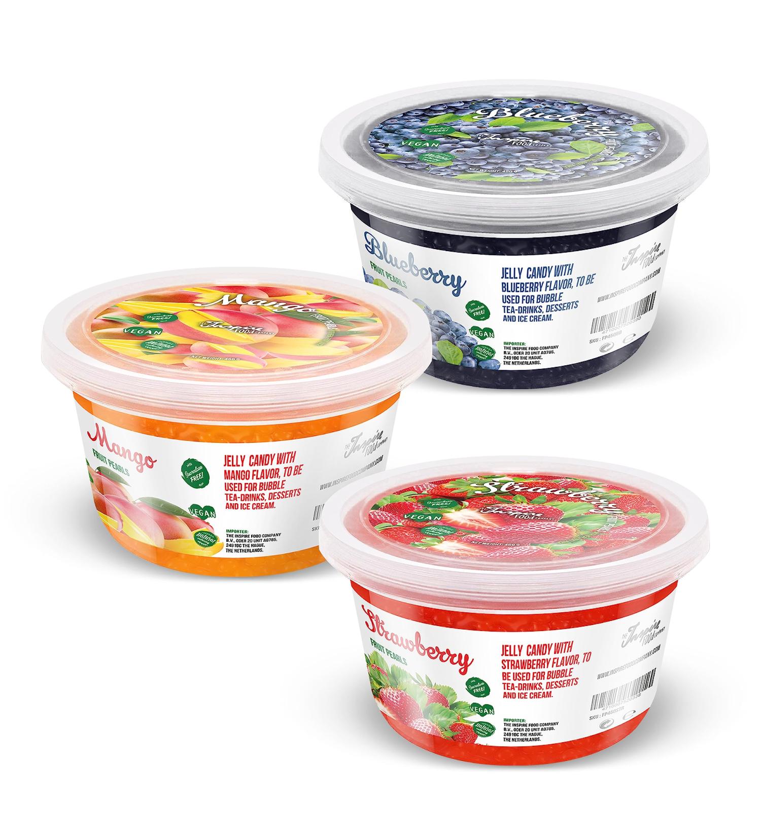 Inspire Food Bubble Tea Pearl Set - 3-Pack Popping Boba Fruit Beads - Vegan & Gluten-Free Strawberry Mango Blueberry Tapioca Pearls 450g Each - Buy Online on SooperMarket.com