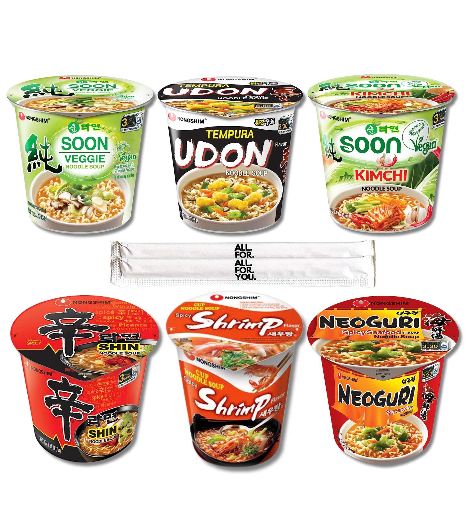 Ramen Noodles Nongshim 6 Flavor Variety Cup Noodle Combo - Shin Udon Soon Soon Kimchi Neoguri Shrimp - Total 6 pack (75g cup ea) - Spicy Ramen Noodles Soup Asian Korean Food Nongshim Cup Noodle - Buy Online on SooperMarket.com