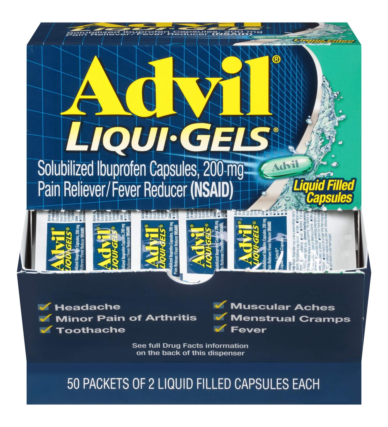 Advil Liqui-Gels Pain Reliever and Fever Reducer Pain Medicine for Adults with Ibuprofen 200mg for Headache Backache Menstrual Pain and Joint Pain Relief - 50x2 Liquid Filled Capsules