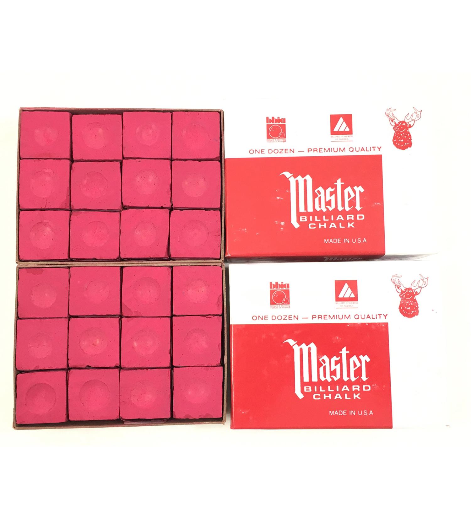 Made in the USA - 2 Boxes of Master Chalk - 24 Pieces for Pool Cues and Billiards Sticks Tips Red