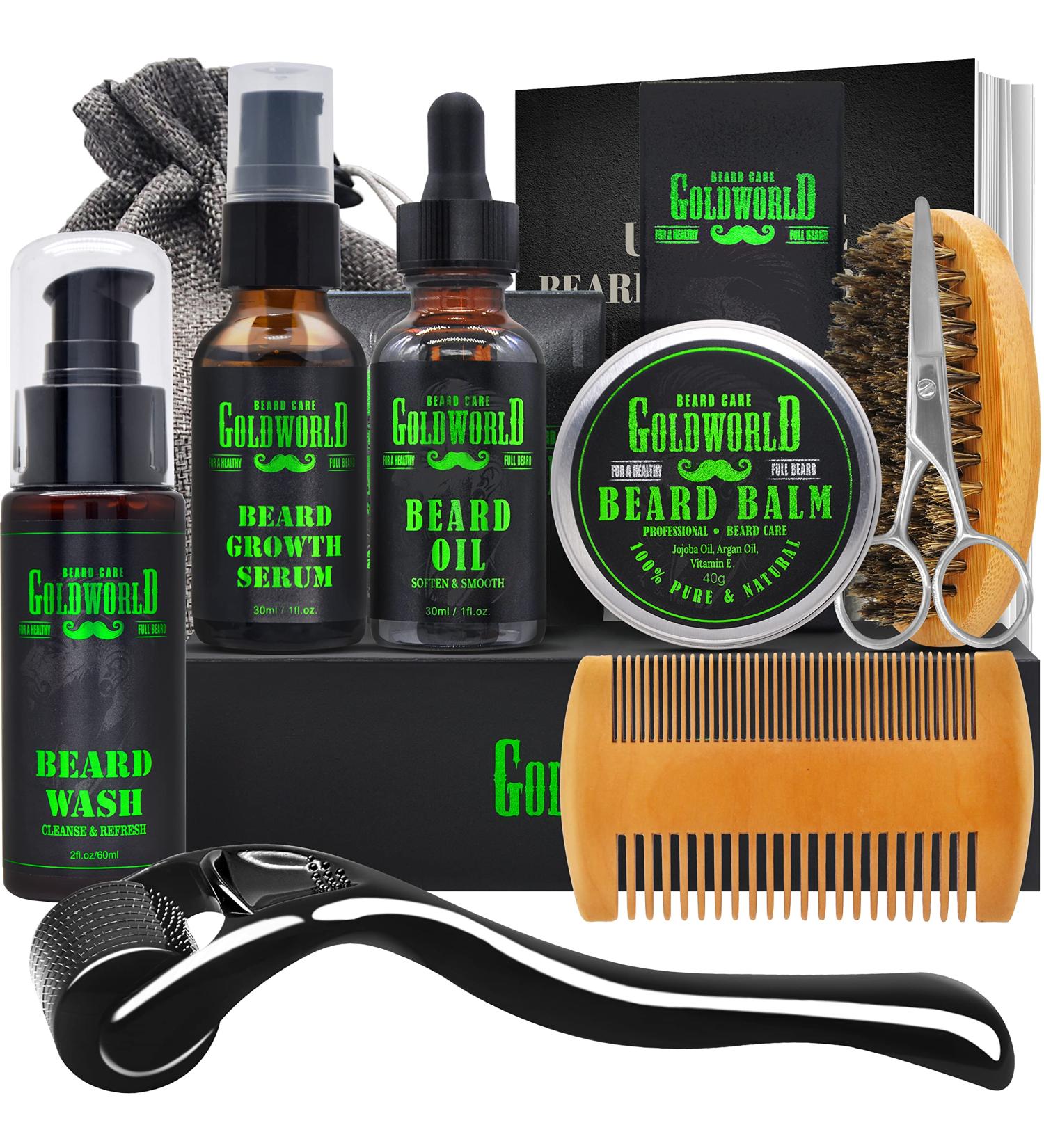 Complete Beard Growth Kit for Men - Beard Roller, Wash, Serum, Oil, Balm, Brush, Comb, Scissor, eBook - Perfect Beard Grooming and Care Gift Set - Buy Online on SooperMarket.com
