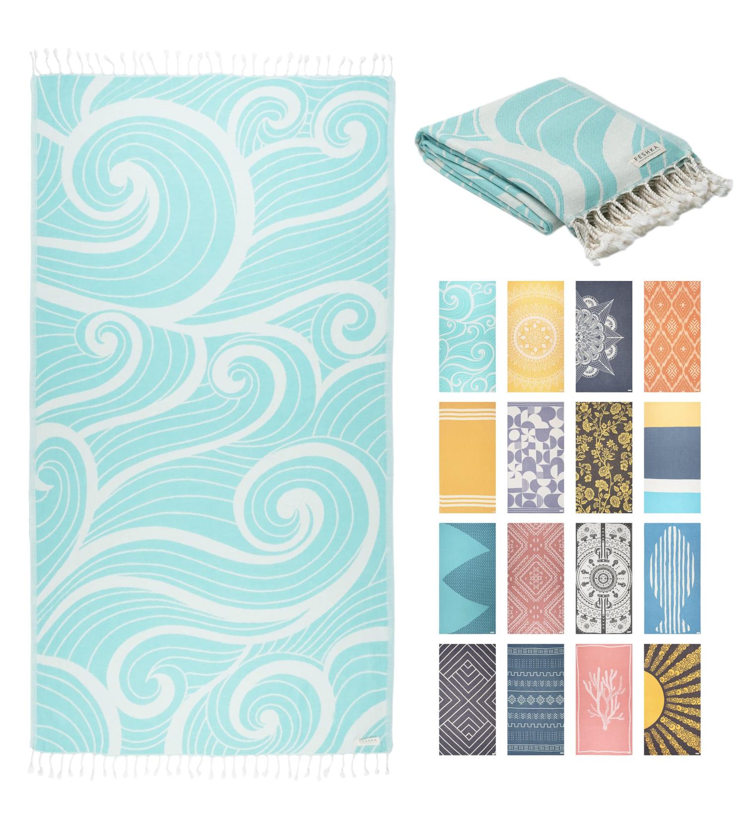 FESHKA Sand Free Turkish Beach Towel 37x67 - Quick Dry, Oversized, Lightweight - 100% Organic Turkish Cotton - Summer Waves (Turquoise) - Ideal for Travel - Buy Online on SooperMarket.com