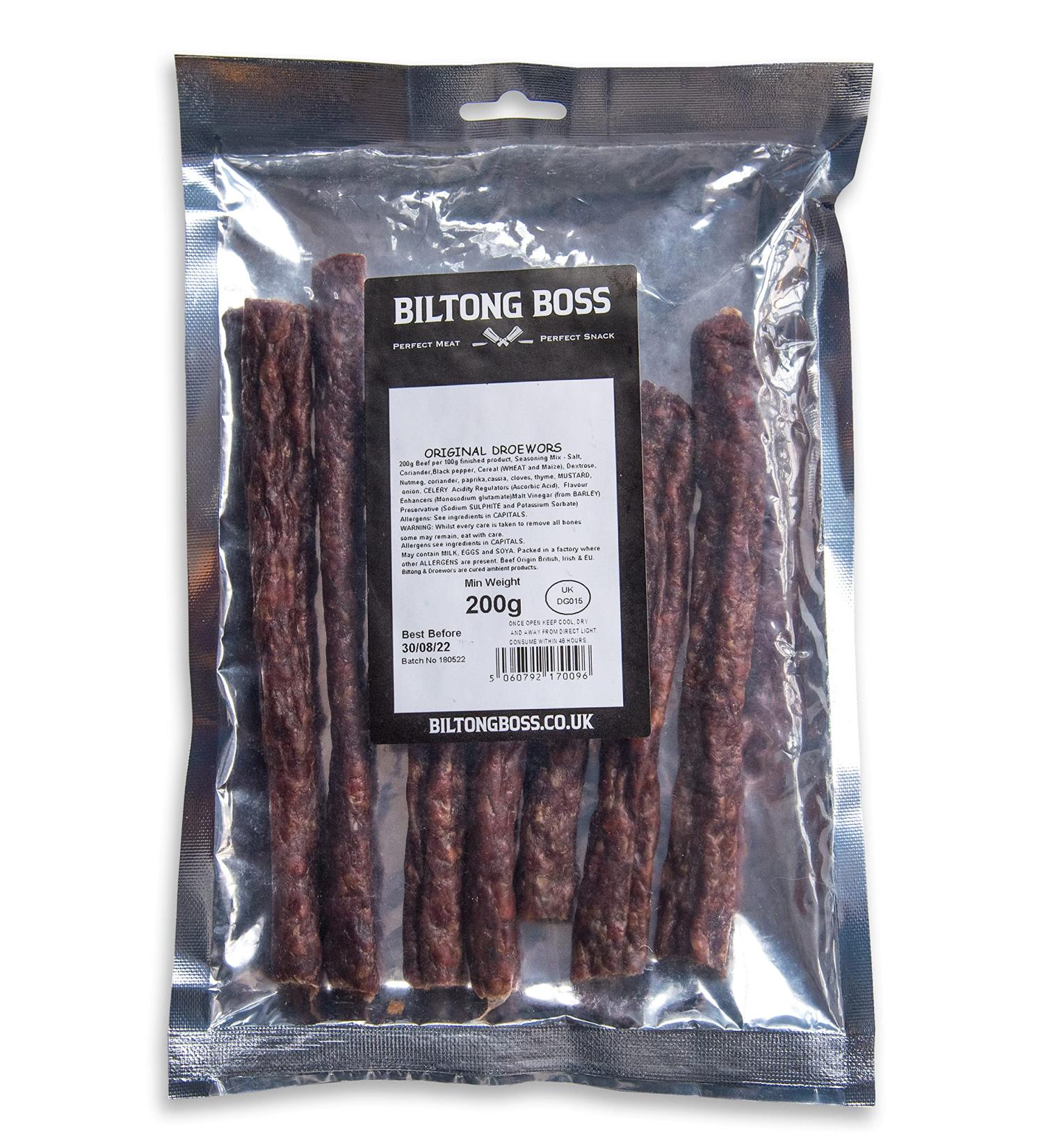 Biltong Boss Original Beef Droewors 200g - High Protein, Paleo & Keto Friendly Meat Snack with Authentic Traditional Recipe - Buy Online on SooperMarket.com