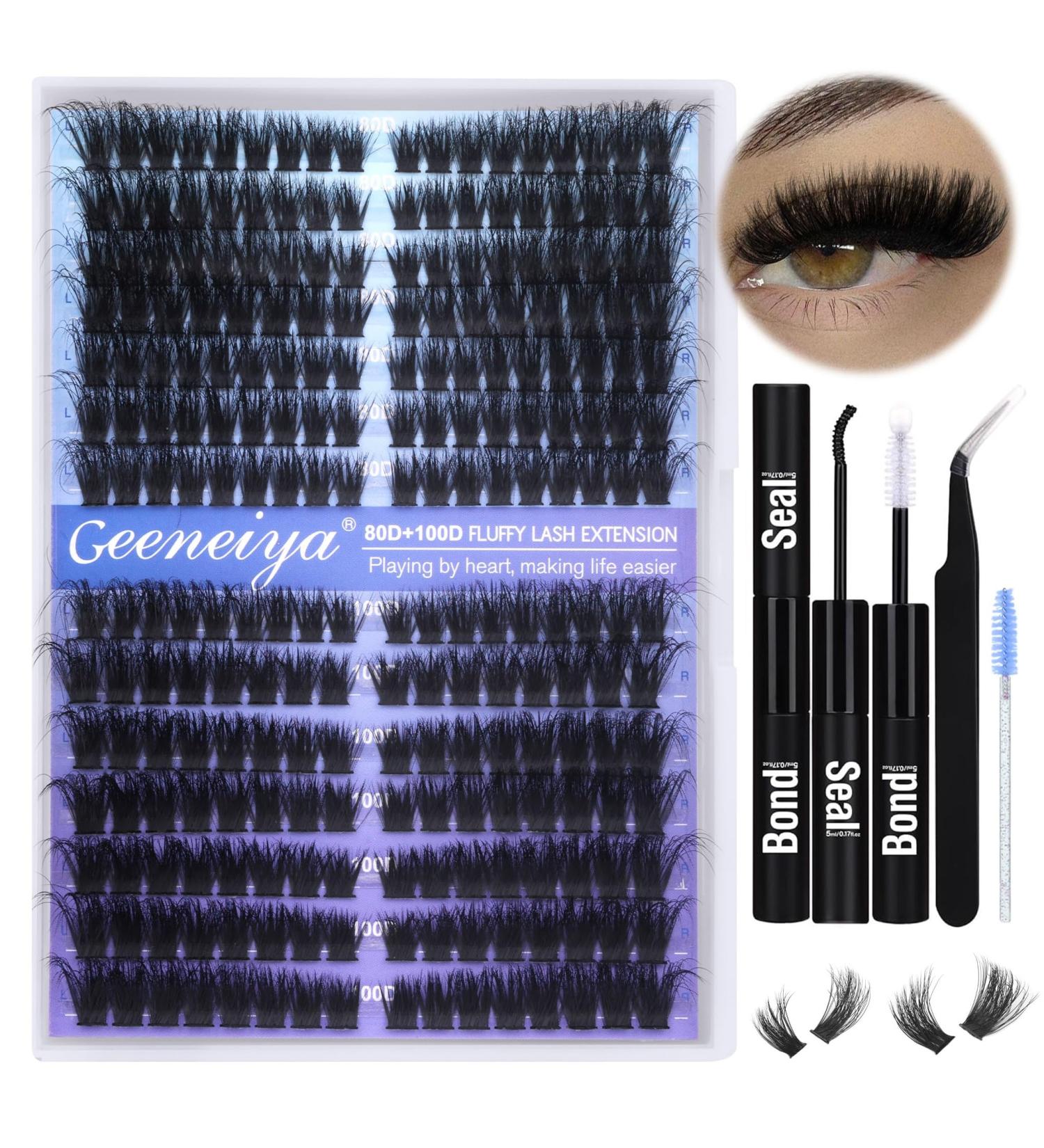 Buy Pre-Made Cat Eye Lash Extension Kit | 9-16mm Fluffy & Wispy Clusters | Waterproof Bond Seal & Tweezers - Geeneiya KIT-80D+100D - Buy Online on SooperMarket.com