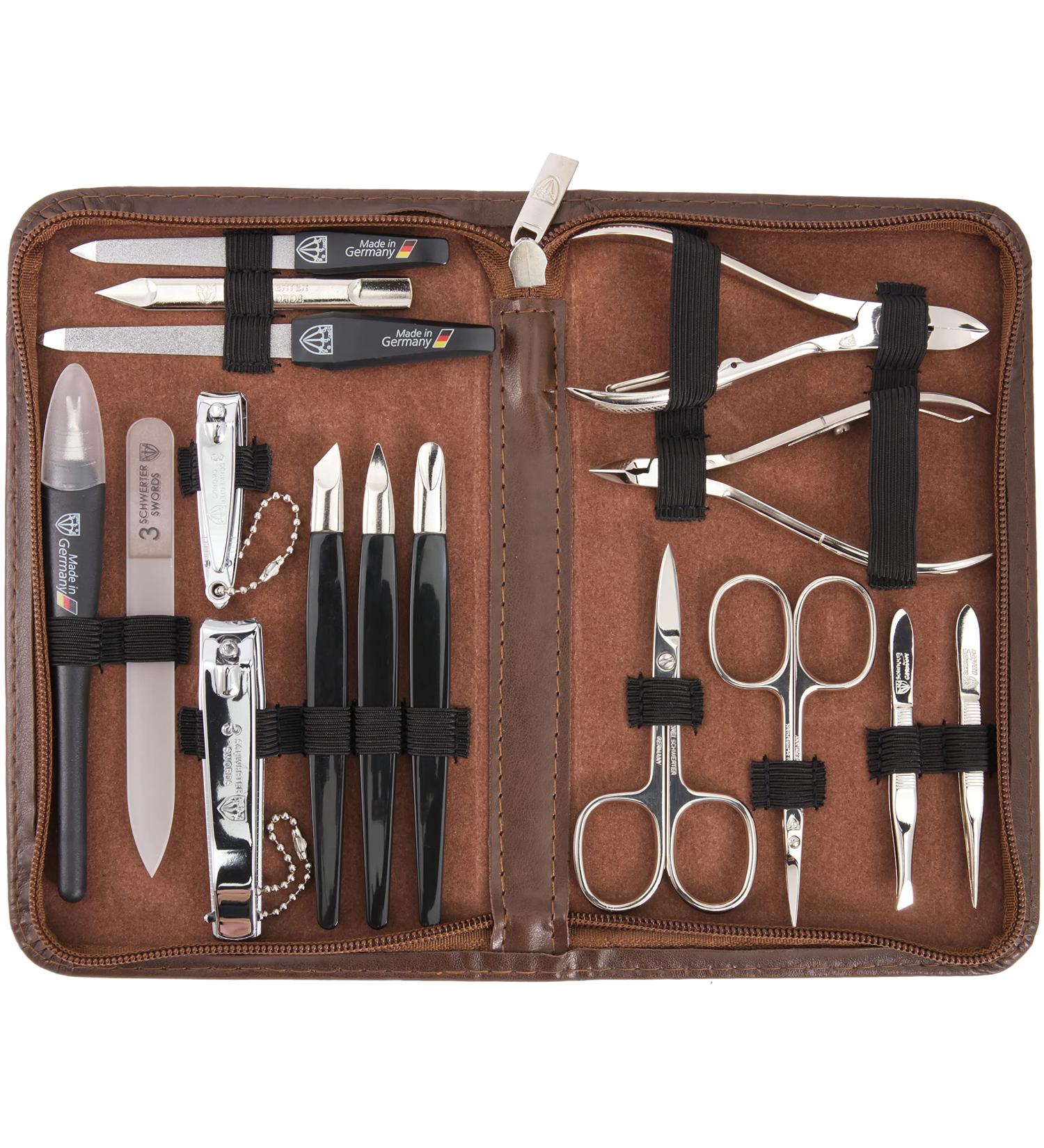 Buy Three Swords 16 pcs Manicure Pedicure Set 'Cinisello' | High-Quality Synthetic Leather Nail Case | Brown | Complete Hand & Foot Care Kit - Buy Online on SooperMarket.com