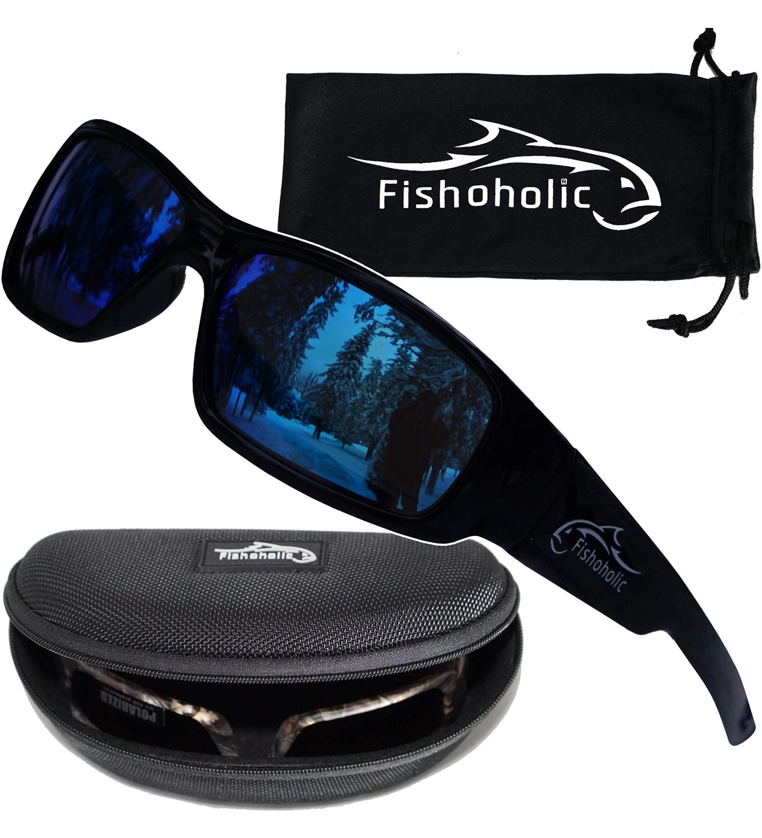 Fishoholic Polarized Fishing Sunglasses -5 Color Options- w Case Pouch UV400 Fishing Gift Gloss Black Blue Mirror - Buy Online on SooperMarket.com